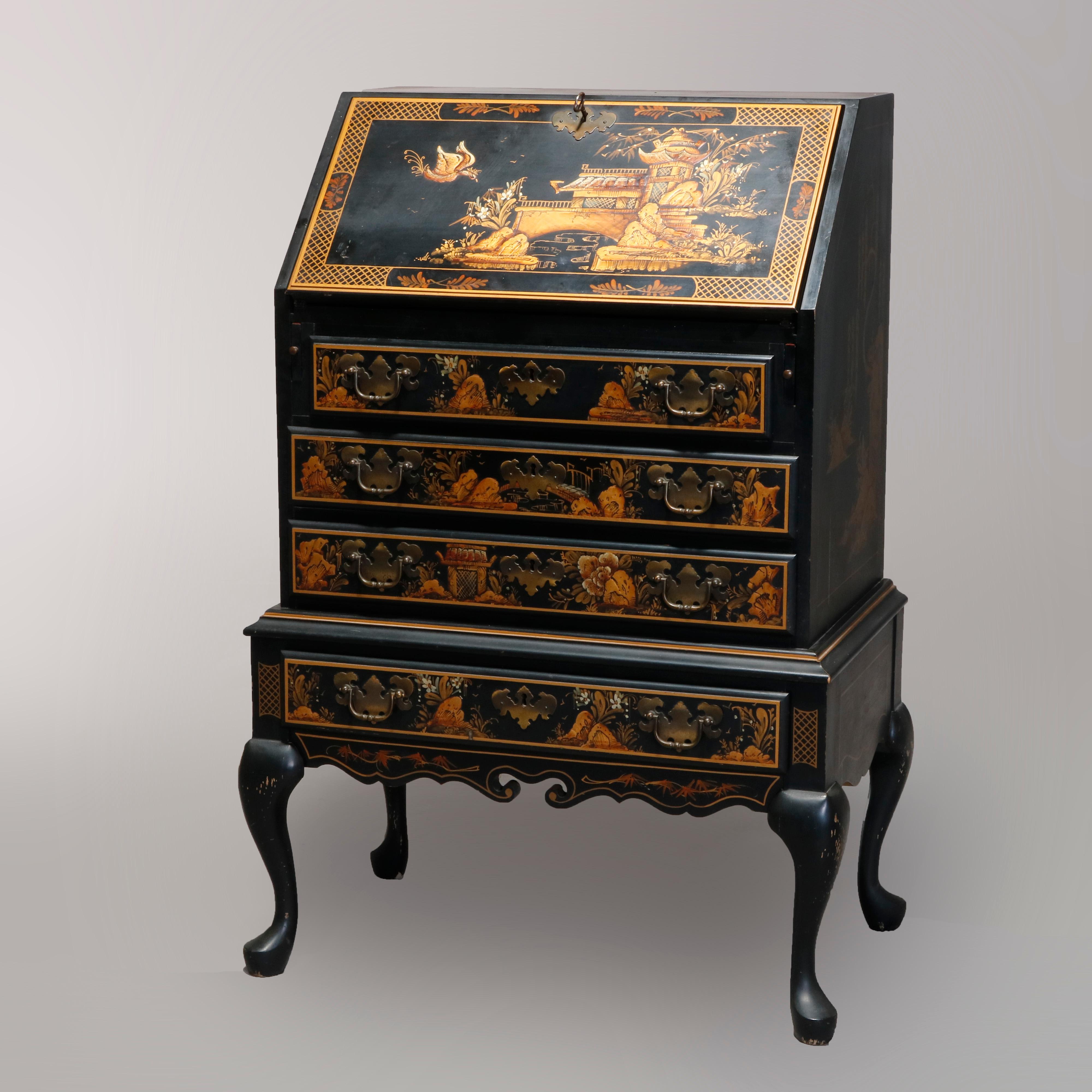 Chinoiserie Decorated Chippendale Style Ebonized Drop Front Secretary 1