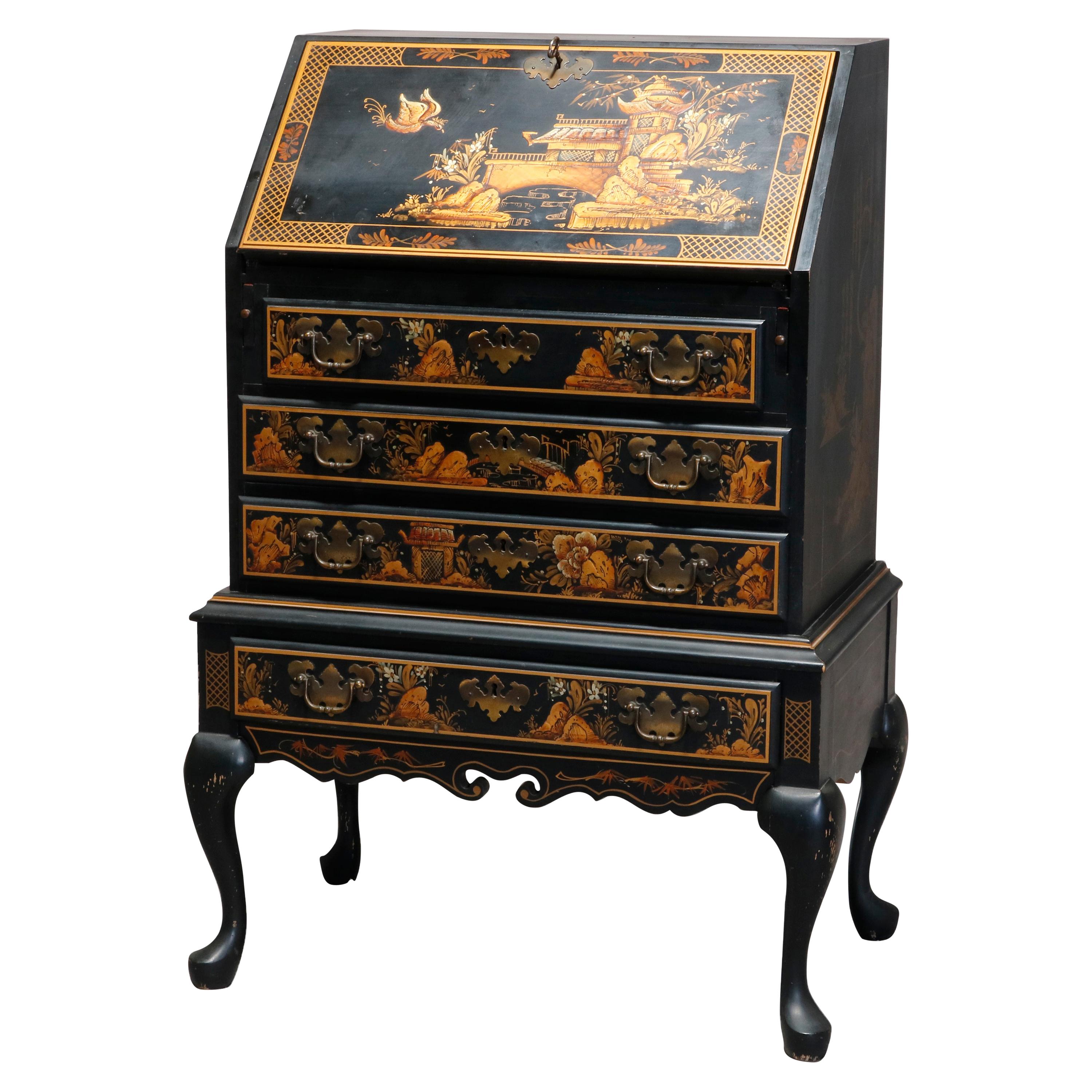 Chinoiserie Decorated Chippendale Style Ebonized Drop Front Secretary