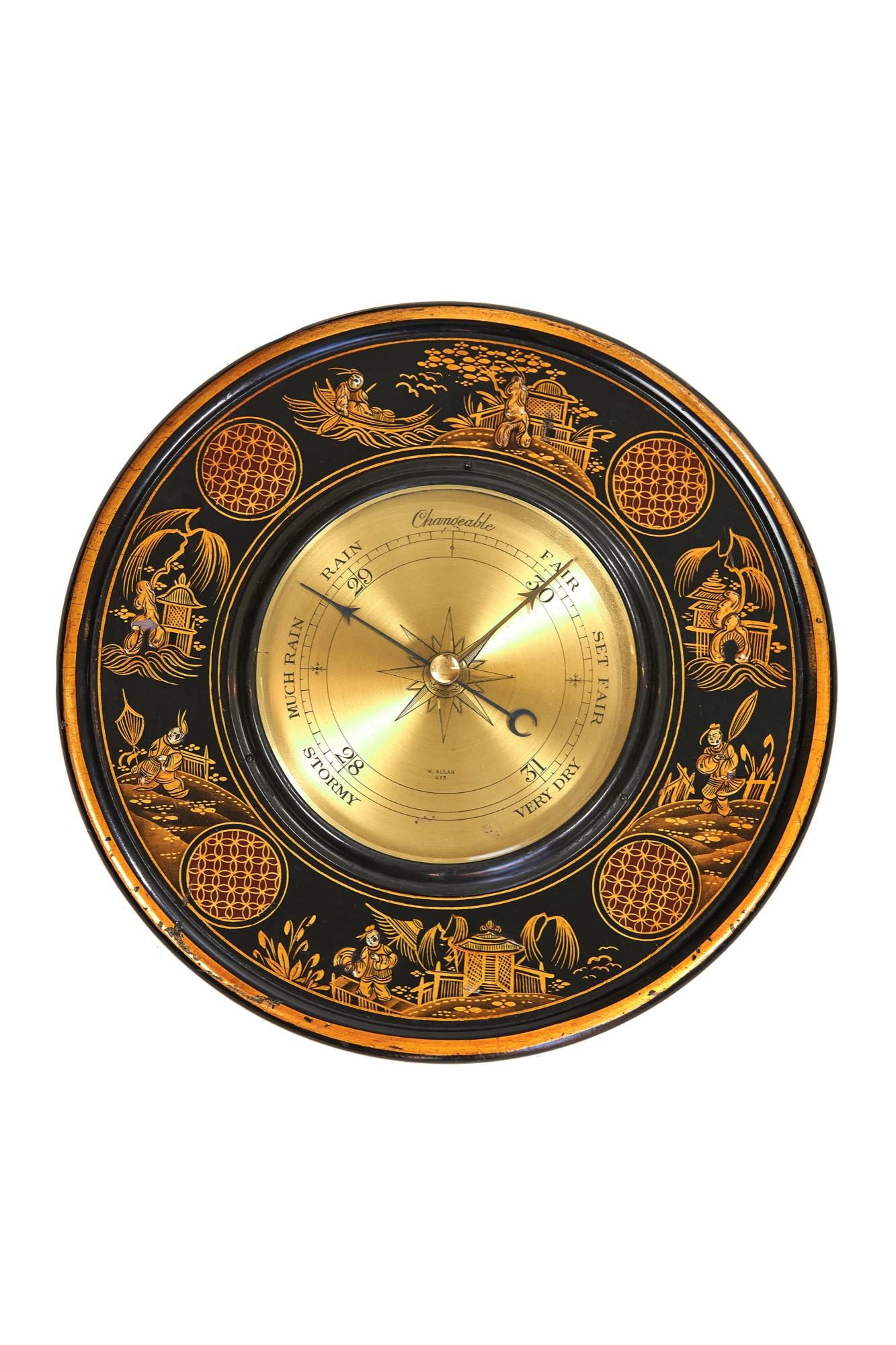 Chinoiserie decorated circular barometer, circa 1930s.
Black background with gold decoration,  
Depicting, houses, temple, figures, trees & foliage,
Brass face,
Badge on back, reads: ACME Barometers No 117
In lovely original condition.