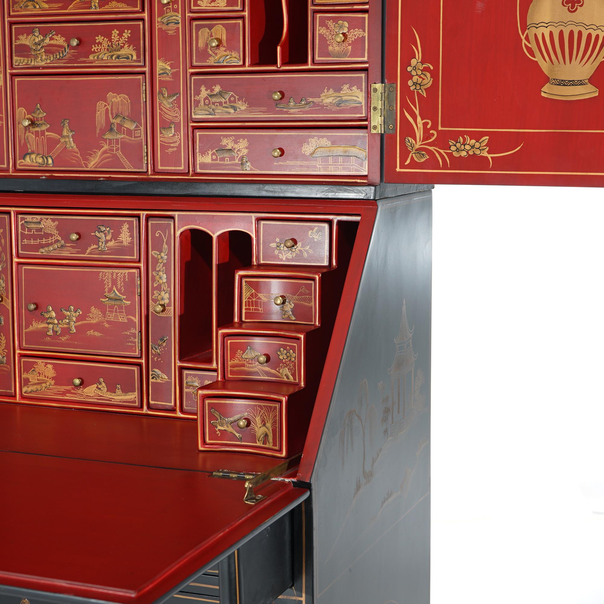 Chinoiserie Decorated Ebonized, Gilt, & Red Lacquered Secretary Desk  For Sale 5
