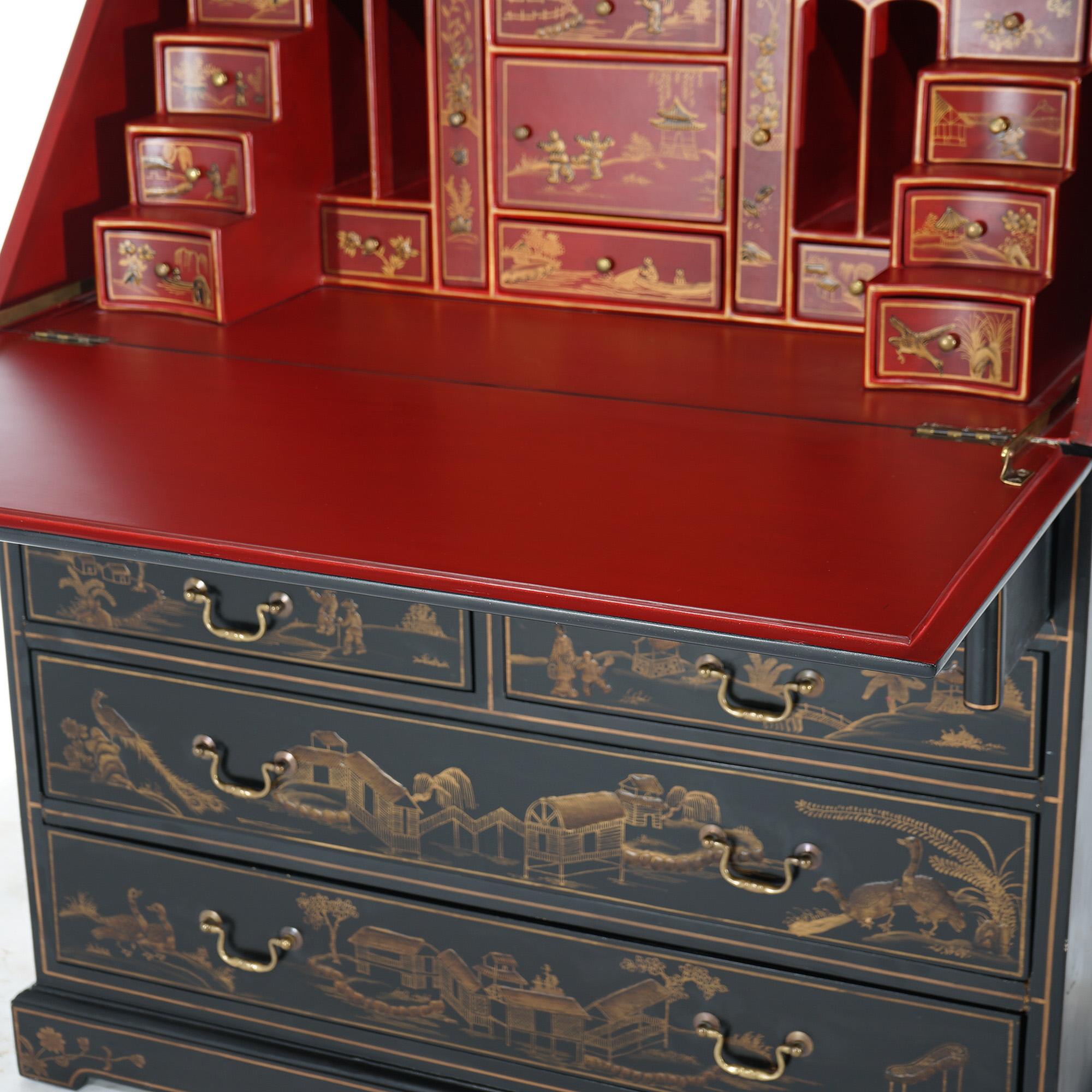 Chinoiserie Decorated Ebonized, Gilt, & Red Lacquered Secretary Desk  For Sale 8
