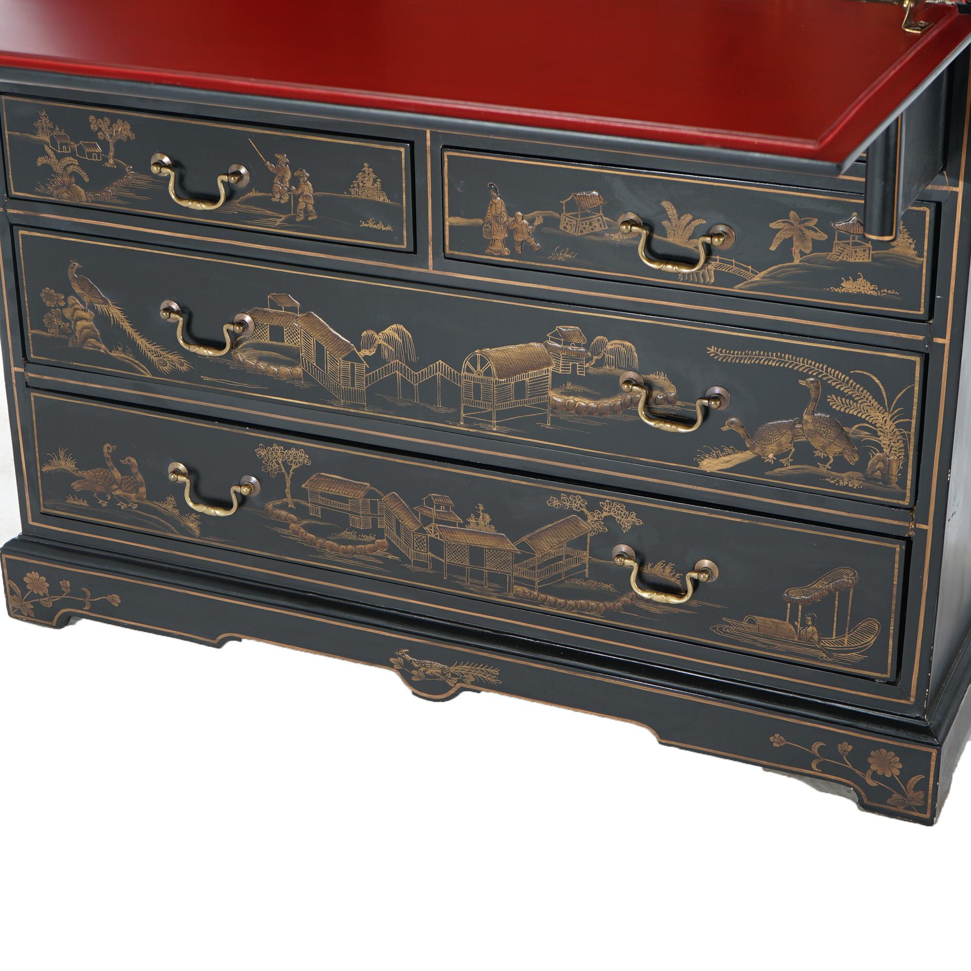 Chinoiserie Decorated Ebonized, Gilt, & Red Lacquered Secretary Desk  For Sale 9