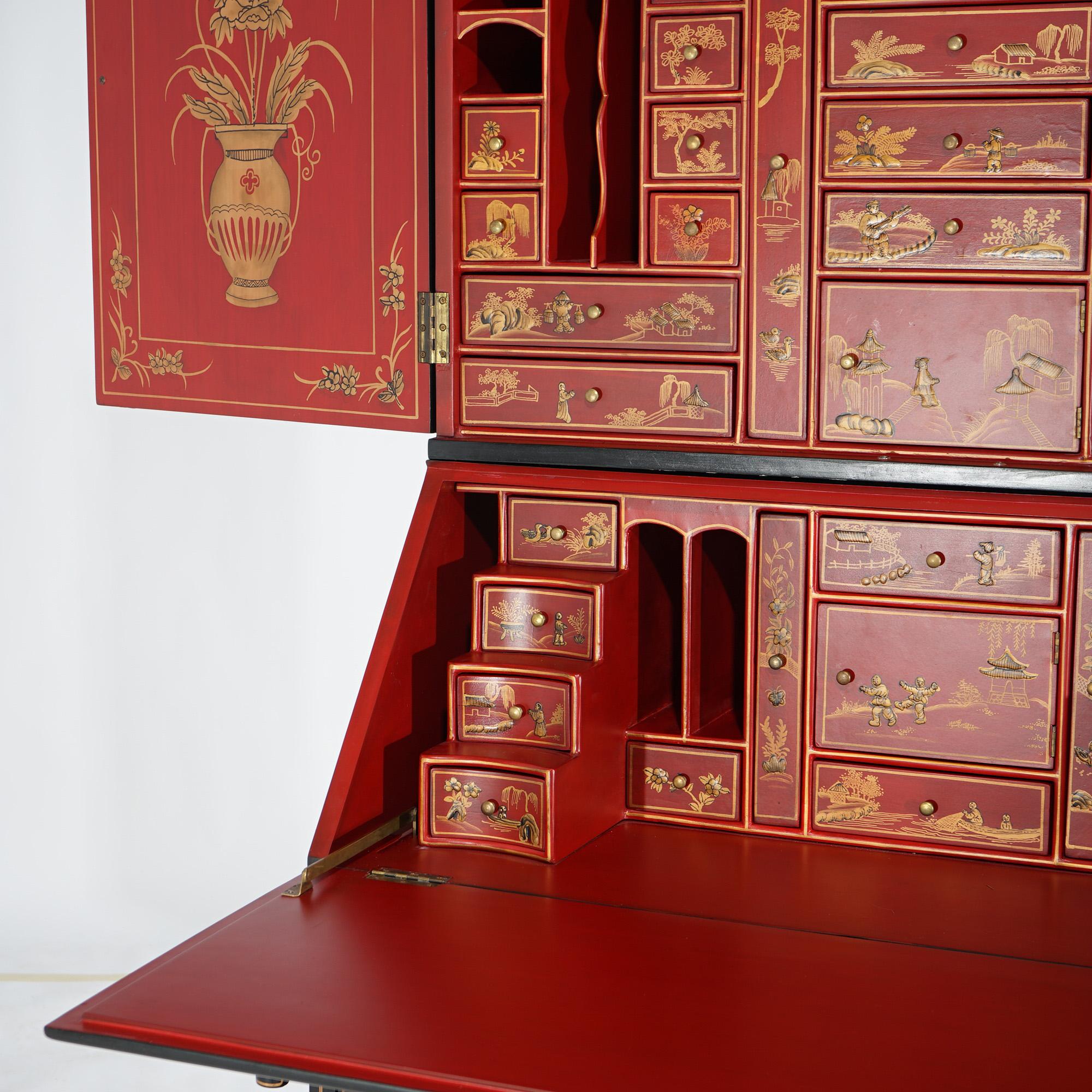 Chinoiserie Decorated Ebonized, Gilt, & Red Lacquered Secretary Desk  For Sale 10