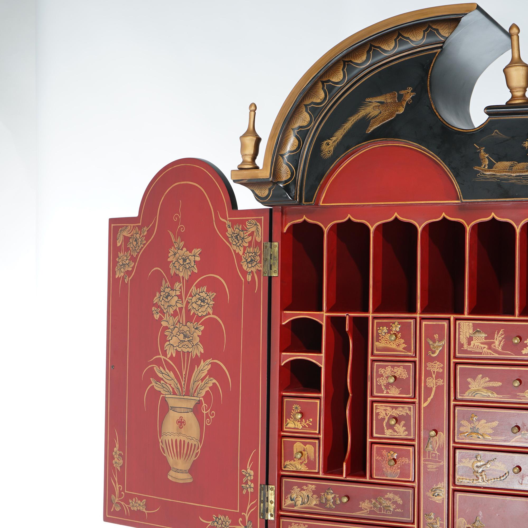 Chinoiserie Decorated Ebonized, Gilt, & Red Lacquered Secretary Desk  For Sale 11
