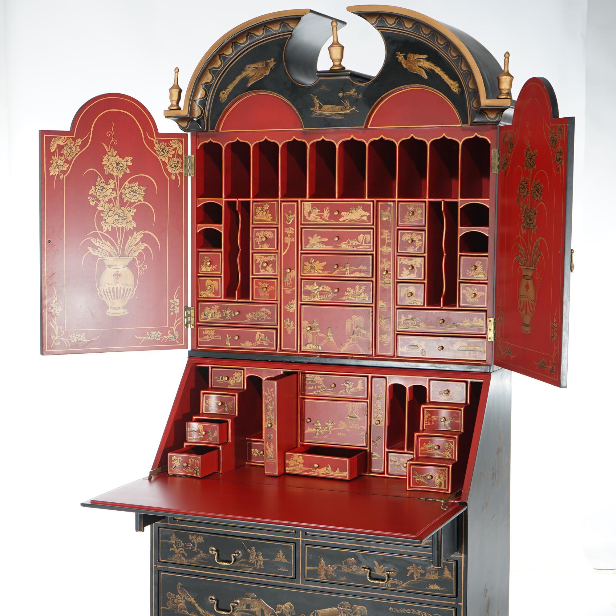 Chinoiserie Decorated Ebonized, Gilt, & Red Lacquered Secretary Desk  For Sale 13