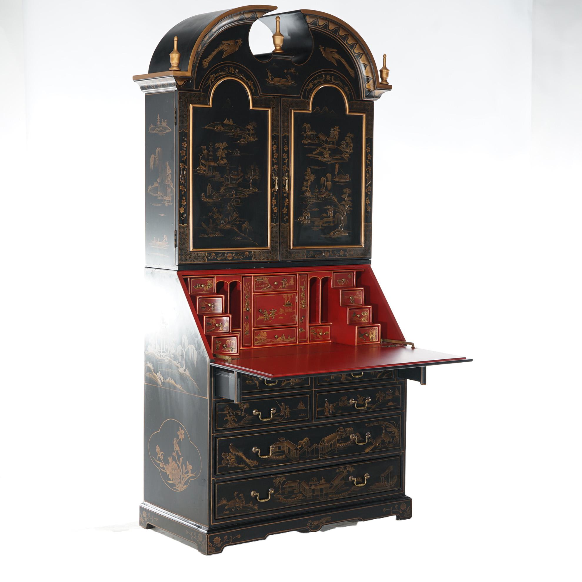 Chinoiserie Decorated Ebonized, Gilt, & Red Lacquered Secretary Desk  In Good Condition For Sale In Big Flats, NY