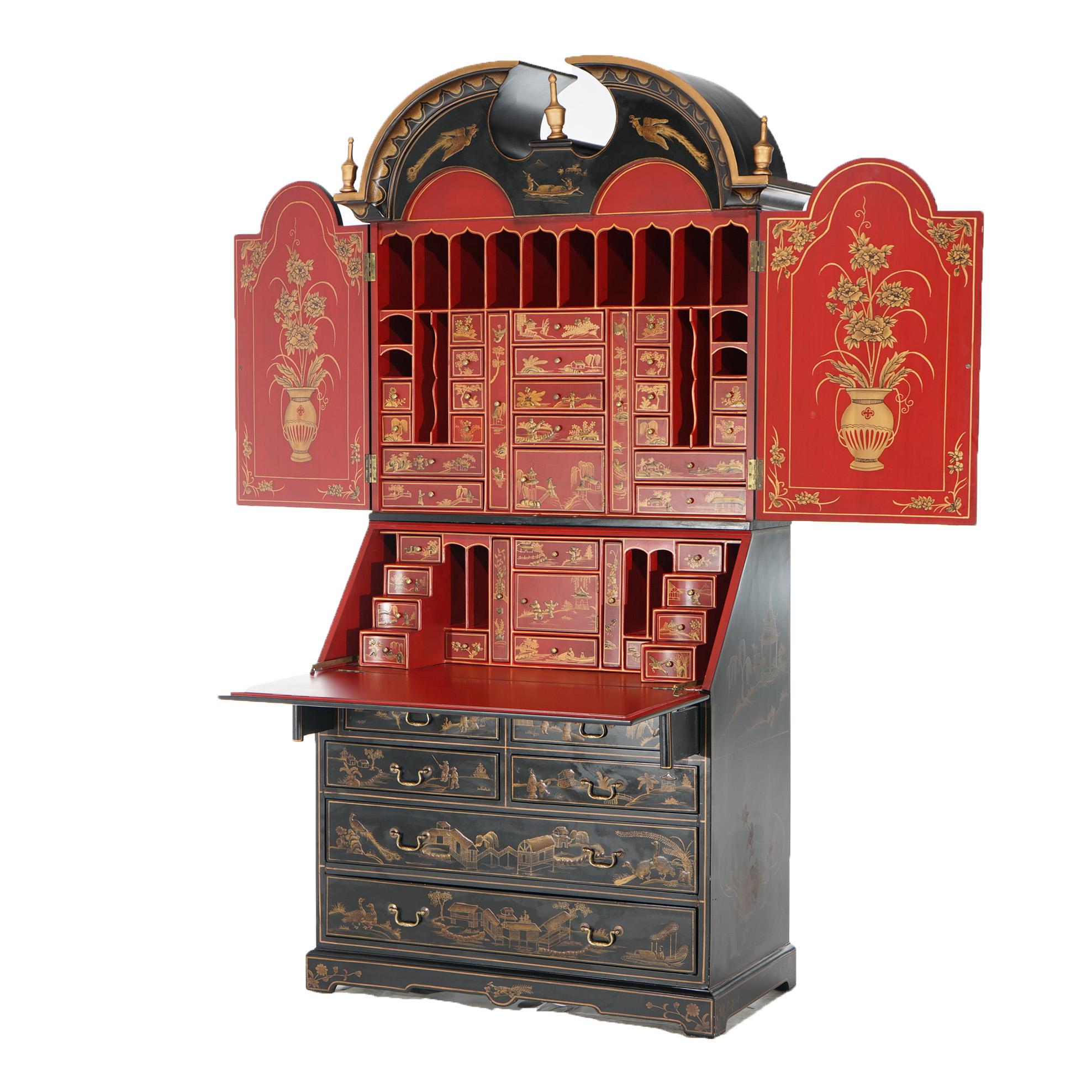 20th Century Chinoiserie Decorated Ebonized, Gilt, & Red Lacquered Secretary Desk  For Sale