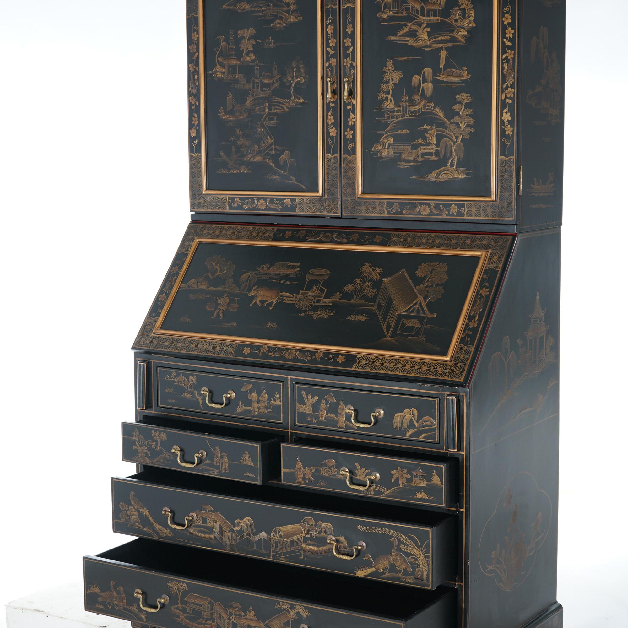 Chinoiserie Decorated Ebonized, Gilt, & Red Lacquered Secretary Desk  For Sale 2
