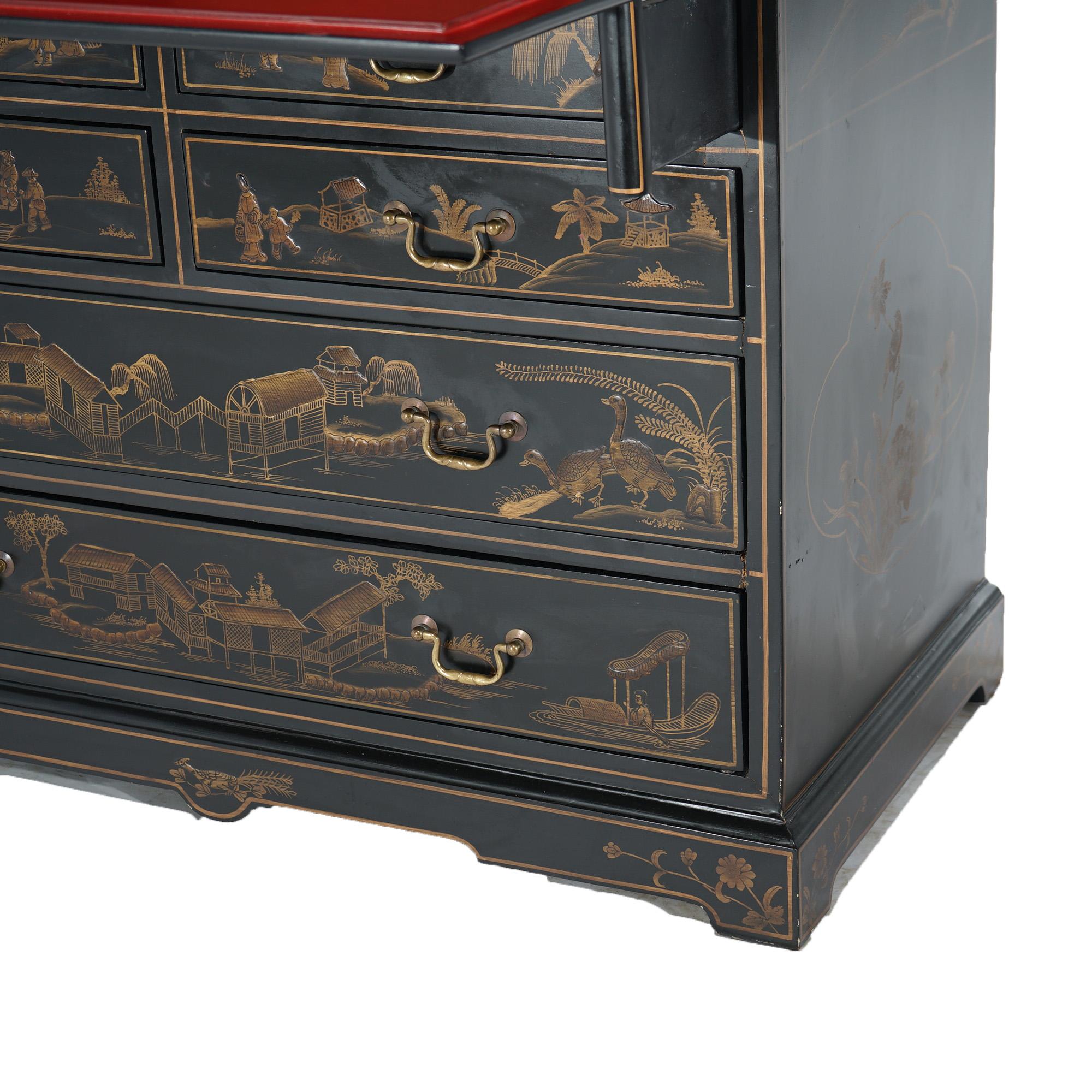 Chinoiserie Decorated Ebonized, Gilt, & Red Lacquered Secretary Desk  For Sale 3