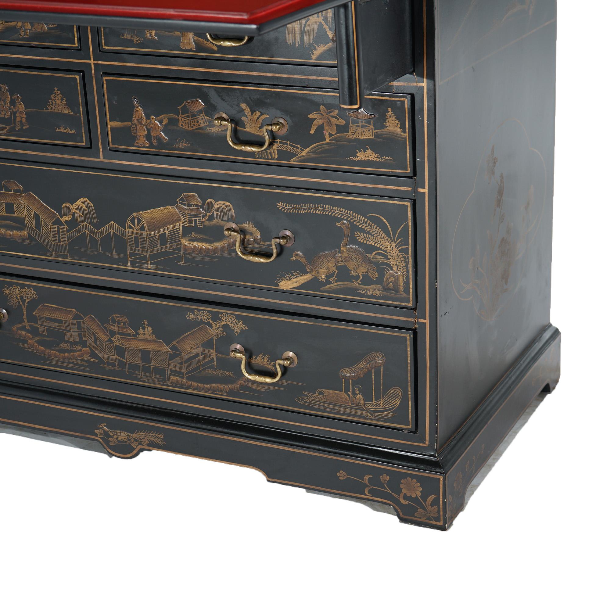 Chinoiserie Decorated Ebonized, Gilt, & Red Lacquered Secretary Desk 3