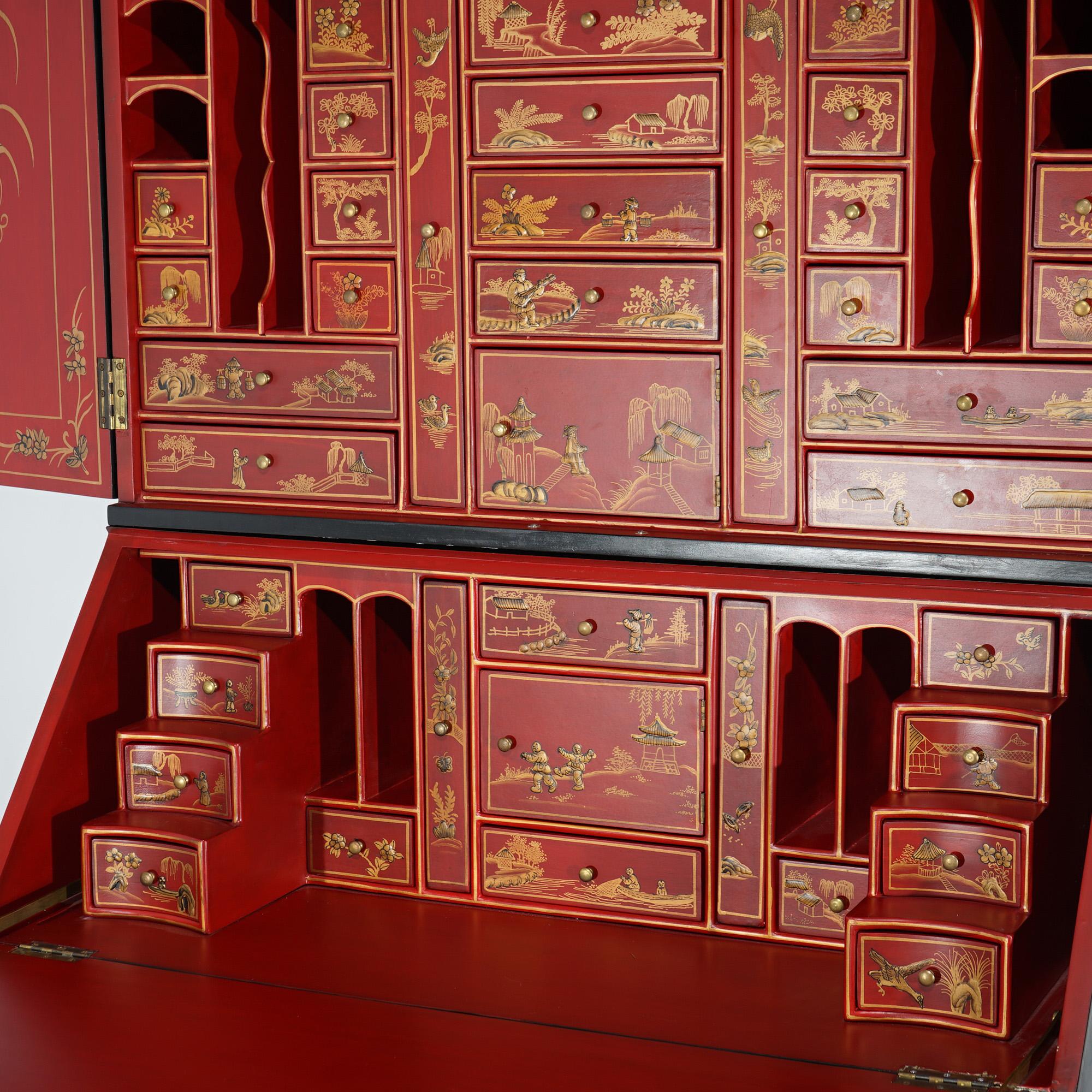 Chinoiserie Decorated Ebonized, Gilt, & Red Lacquered Secretary Desk  For Sale 4