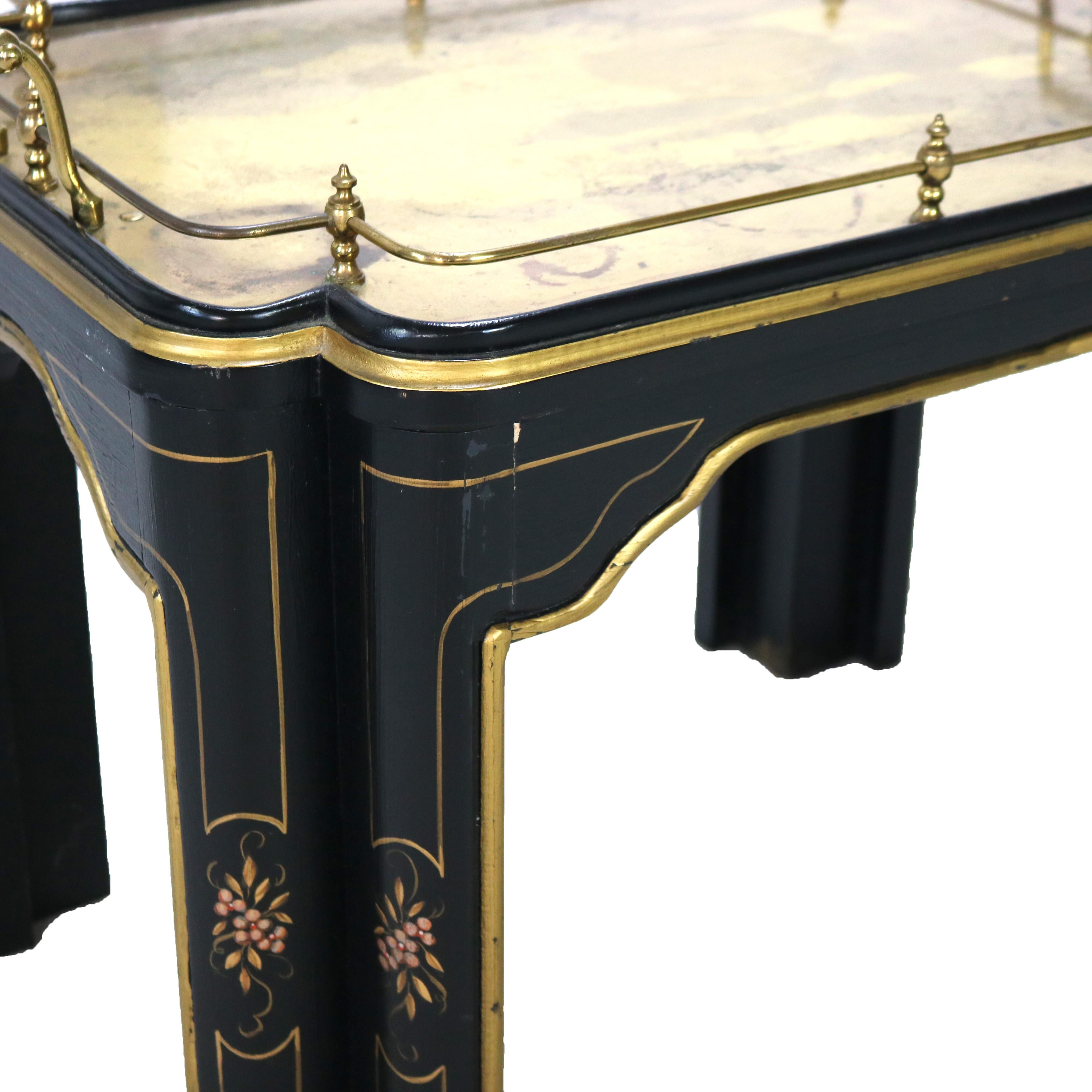 Chinoiserie Decorated Ebonized Tea Serving Table with Brass & Mirrored Top 20thC For Sale 6