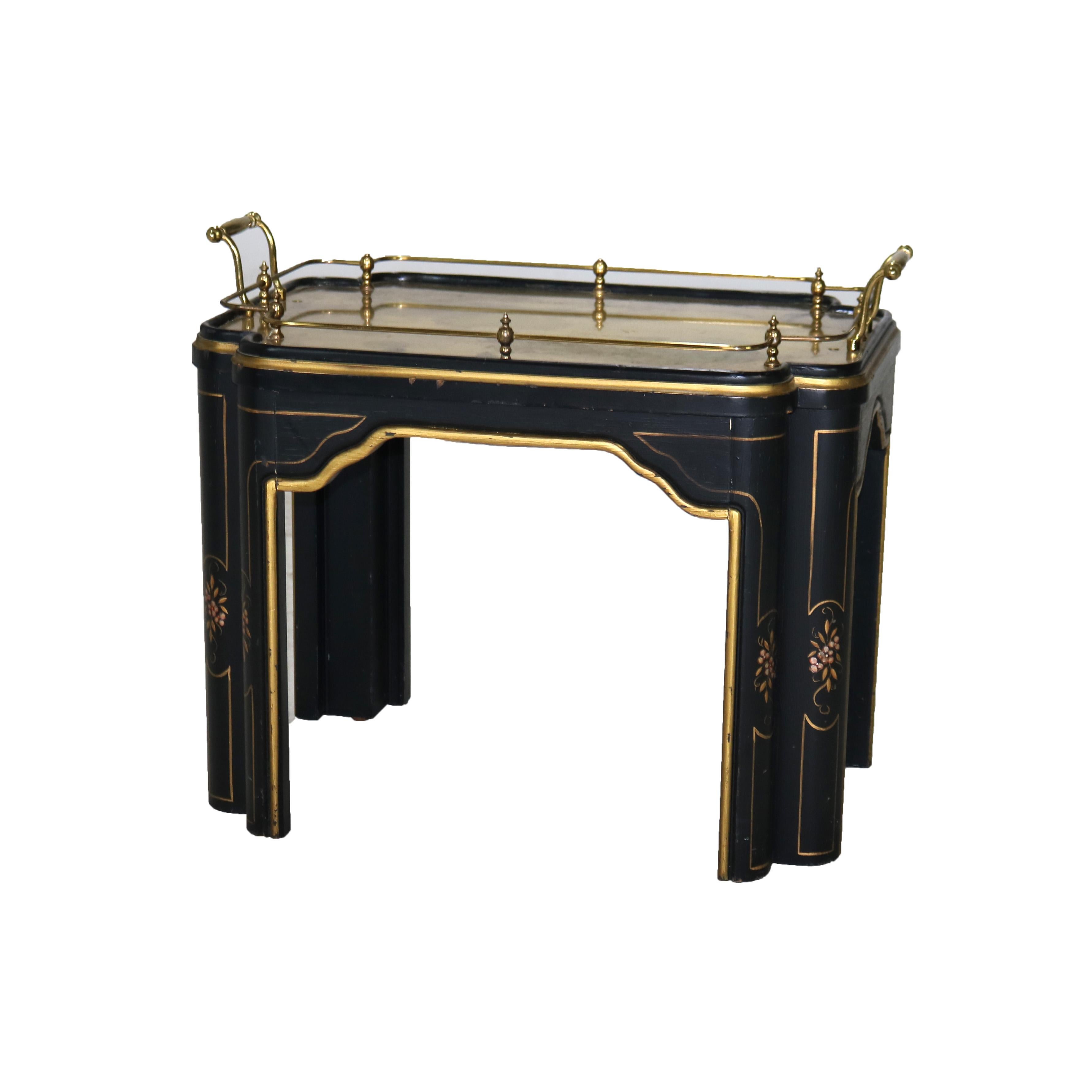 20th Century Chinoiserie Decorated Ebonized Tea Serving Table with Brass & Mirrored Top 20thC For Sale