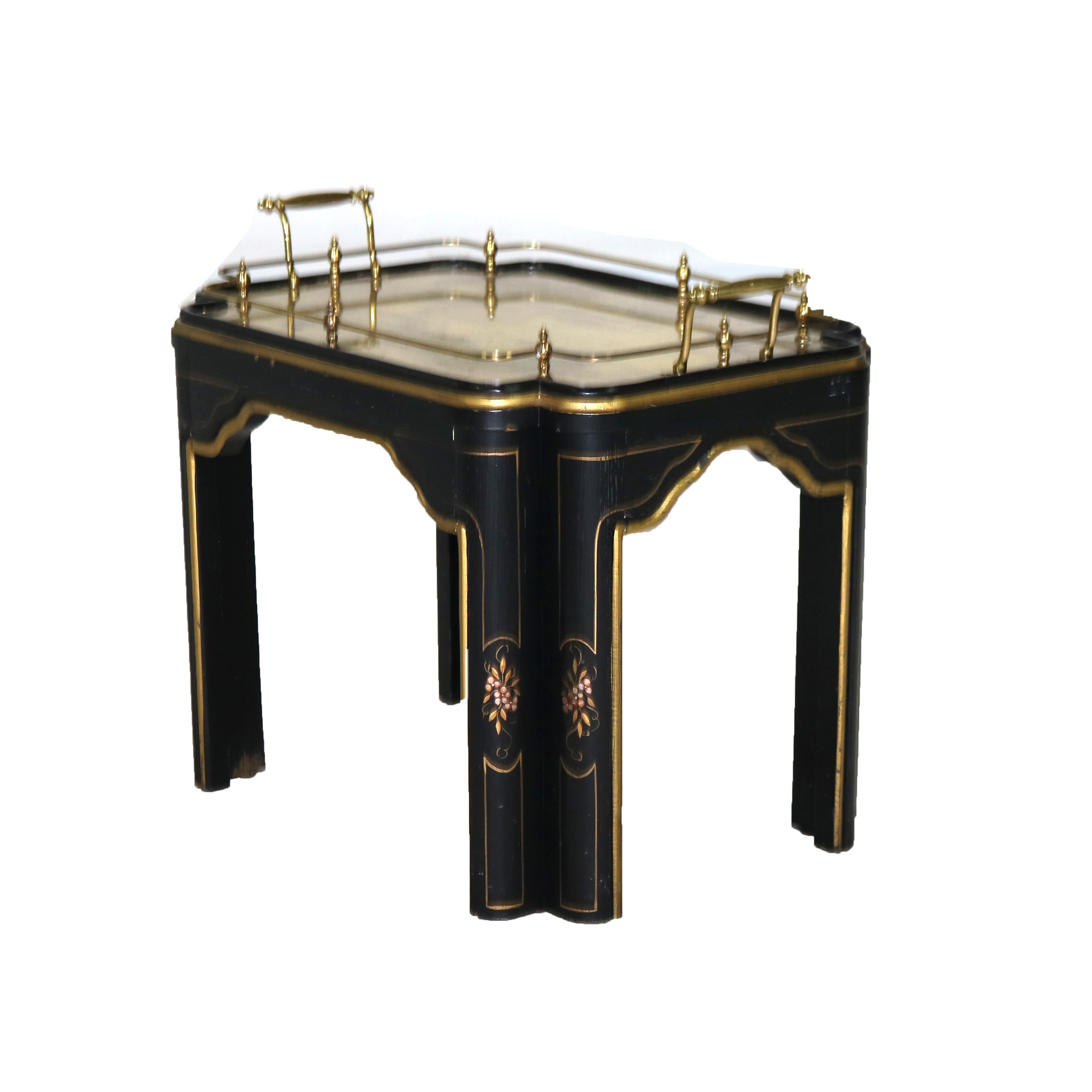 Chinoiserie Decorated Ebonized Tea Serving Table with Brass & Mirrored Top 20thC For Sale 1