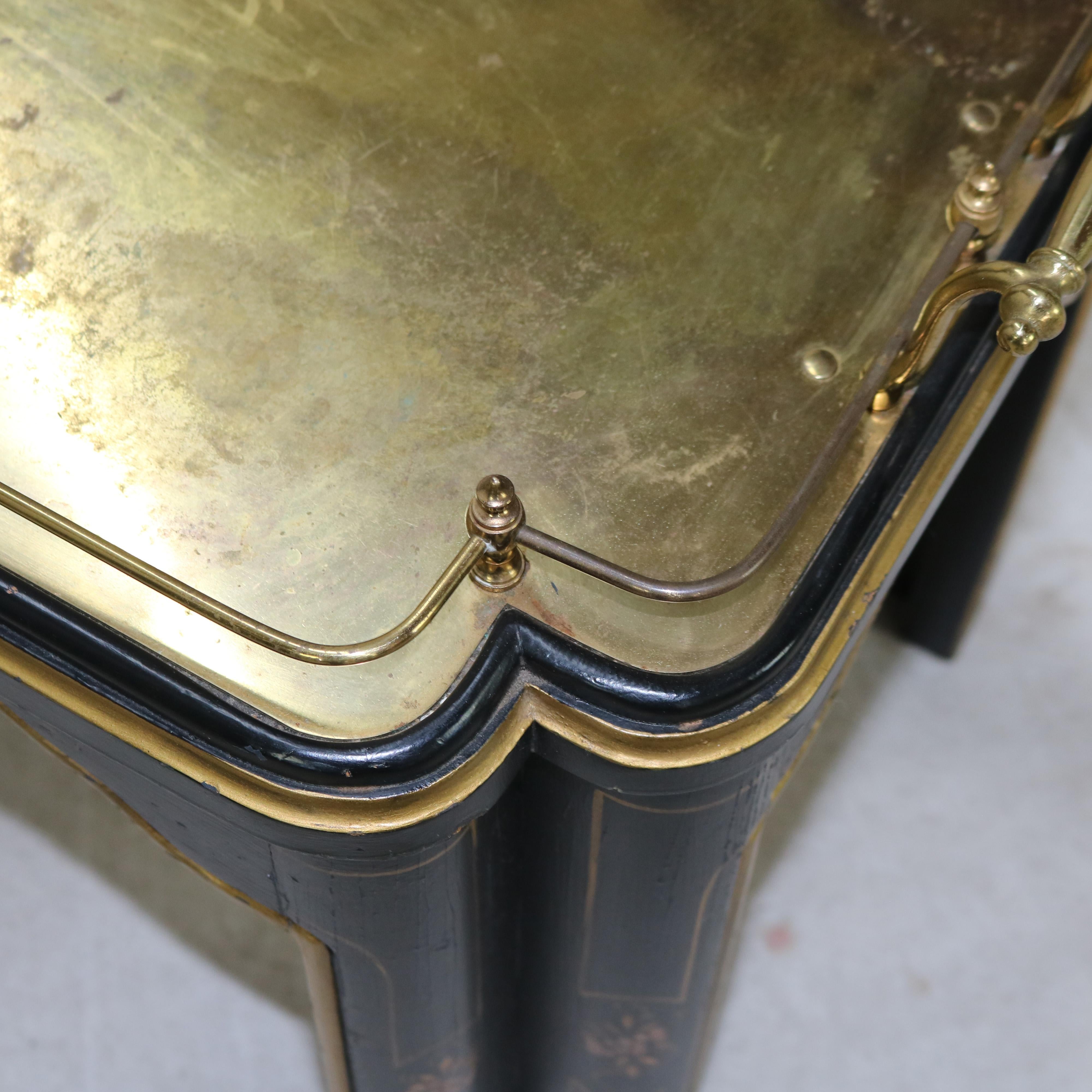 Chinoiserie Decorated Ebonized Tea Serving Table with Brass & Mirrored Top 20thC For Sale 2