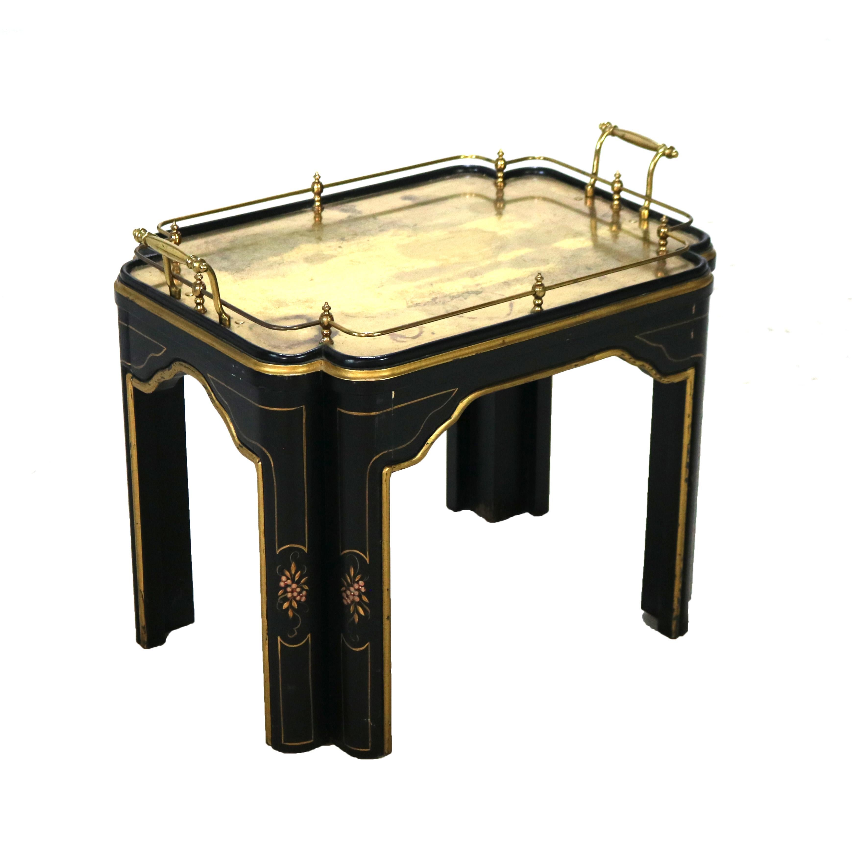 Chinoiserie Decorated Ebonized Tea Serving Table with Brass & Mirrored Top 20thC For Sale 4