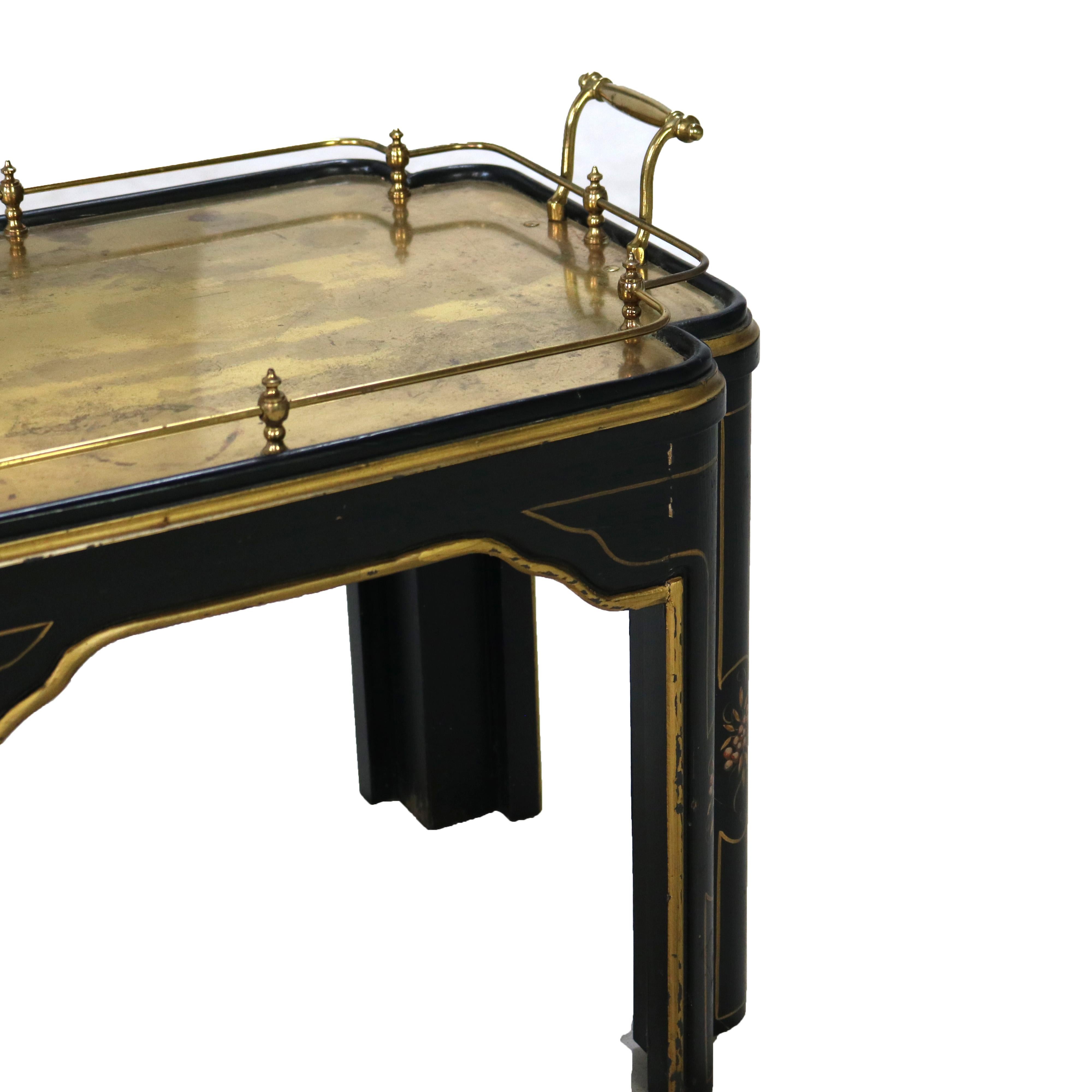 Chinoiserie Decorated Ebonized Tea Serving Table with Brass & Mirrored Top 20thC For Sale 5