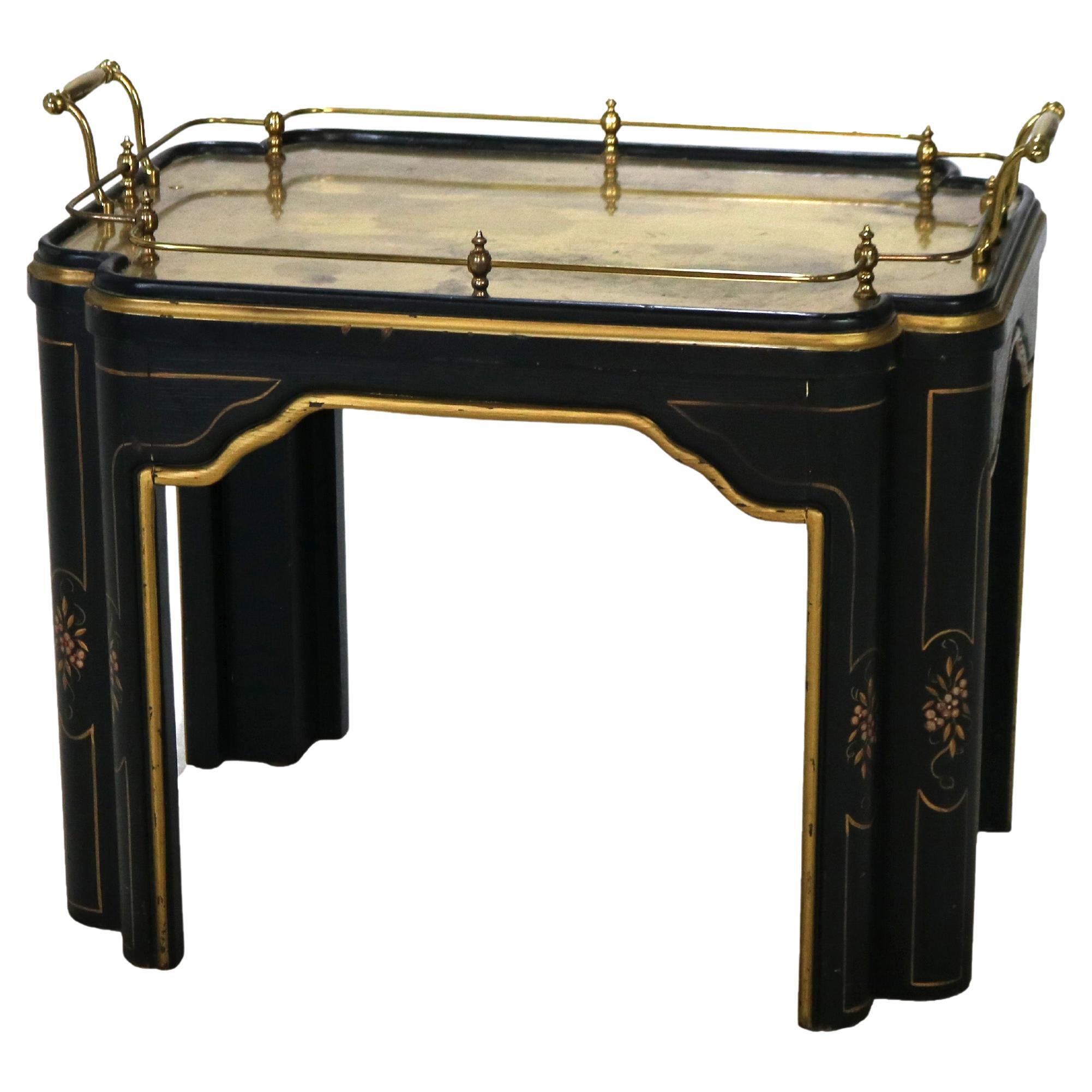 Chinoiserie Decorated Ebonized Tea Serving Table with Brass & Mirrored Top 20thC
