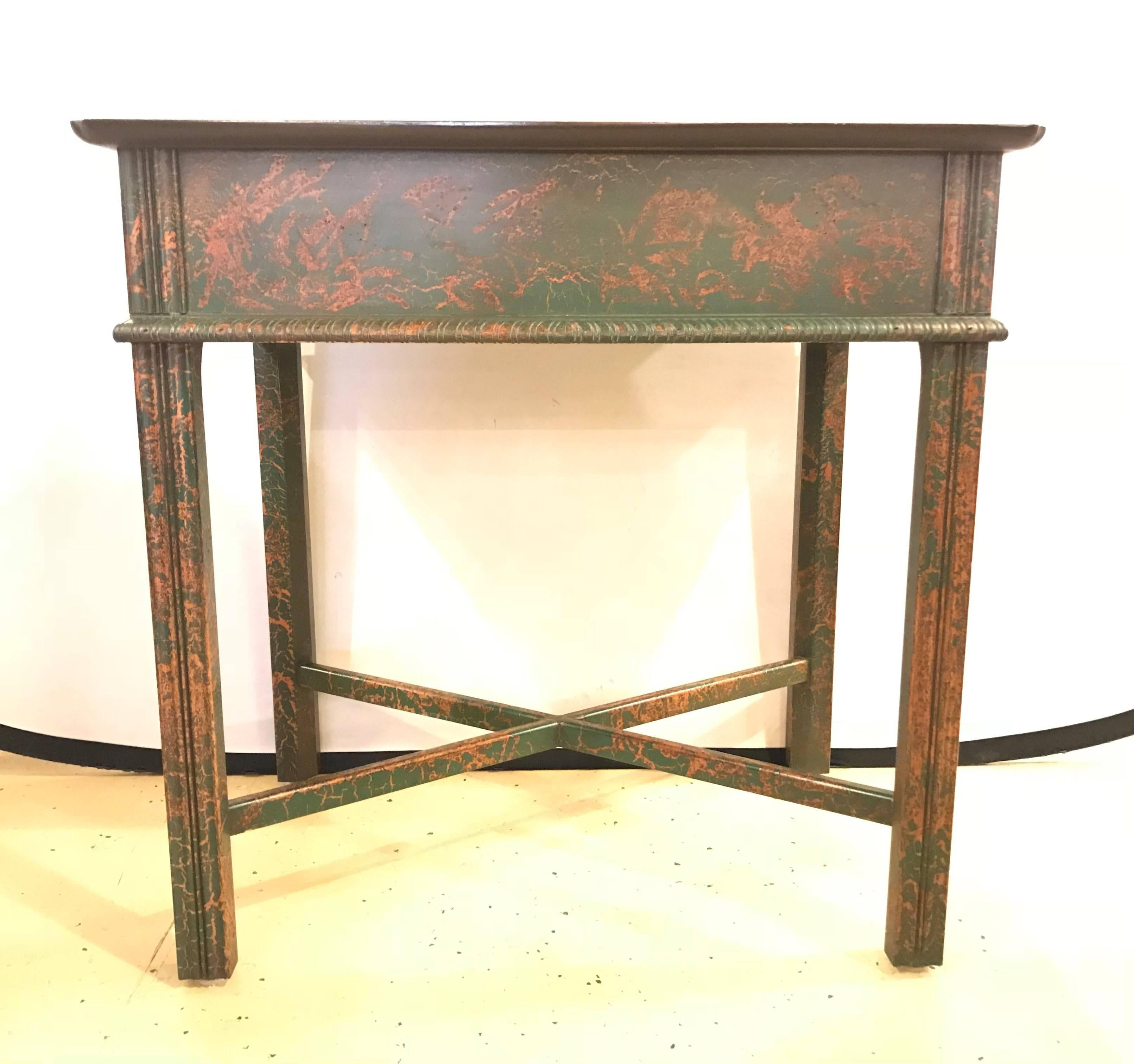 A chinoiserie decorated end table with one oak secondary drawer by South Hampton furniture company.