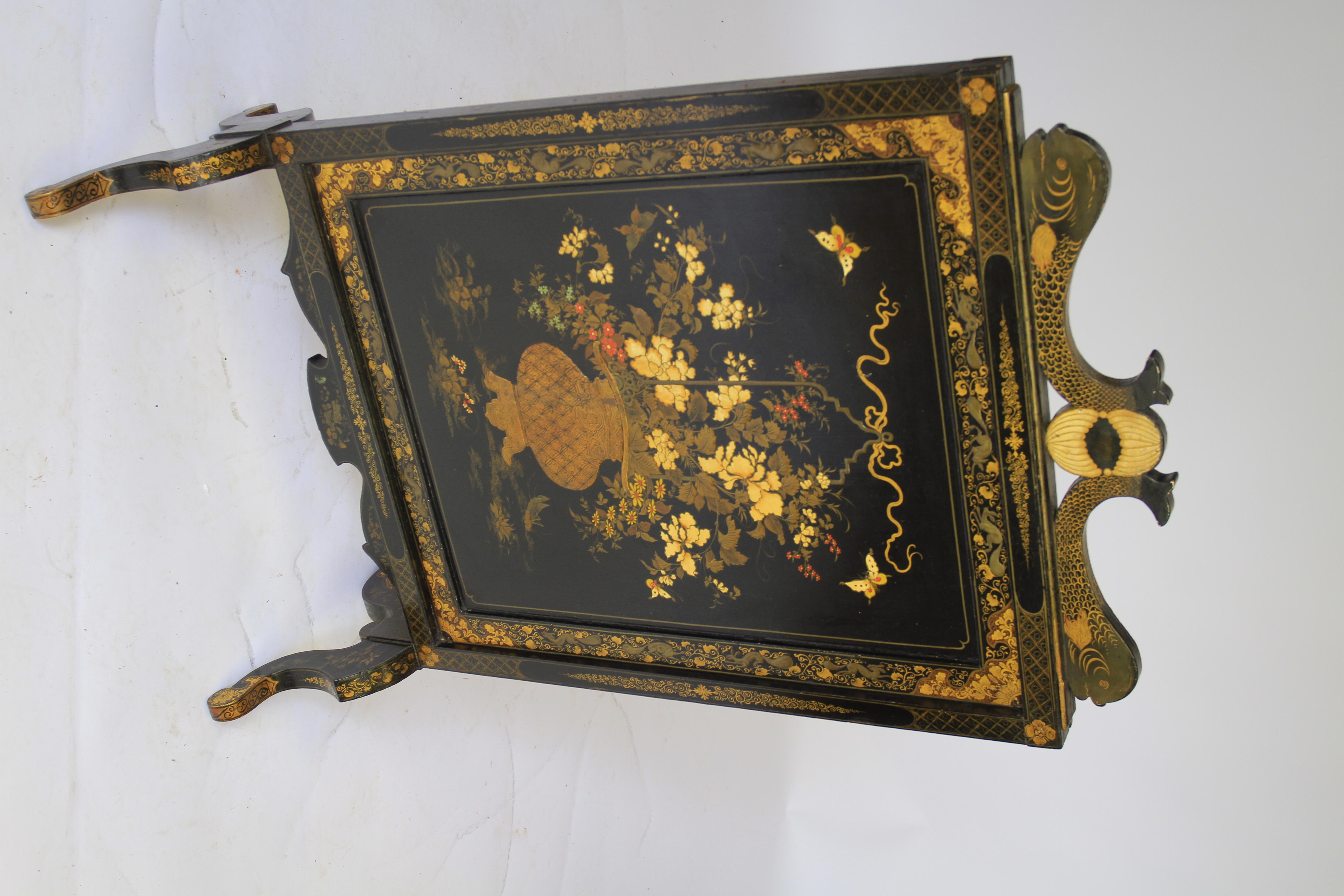 Lacquer Chinoiserie Decorated fire screen circa 1900 For Sale