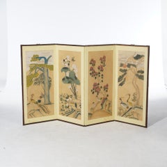Chinoiserie Decorated Four Panel Paper Over Wood Table Top Screen, 20th C