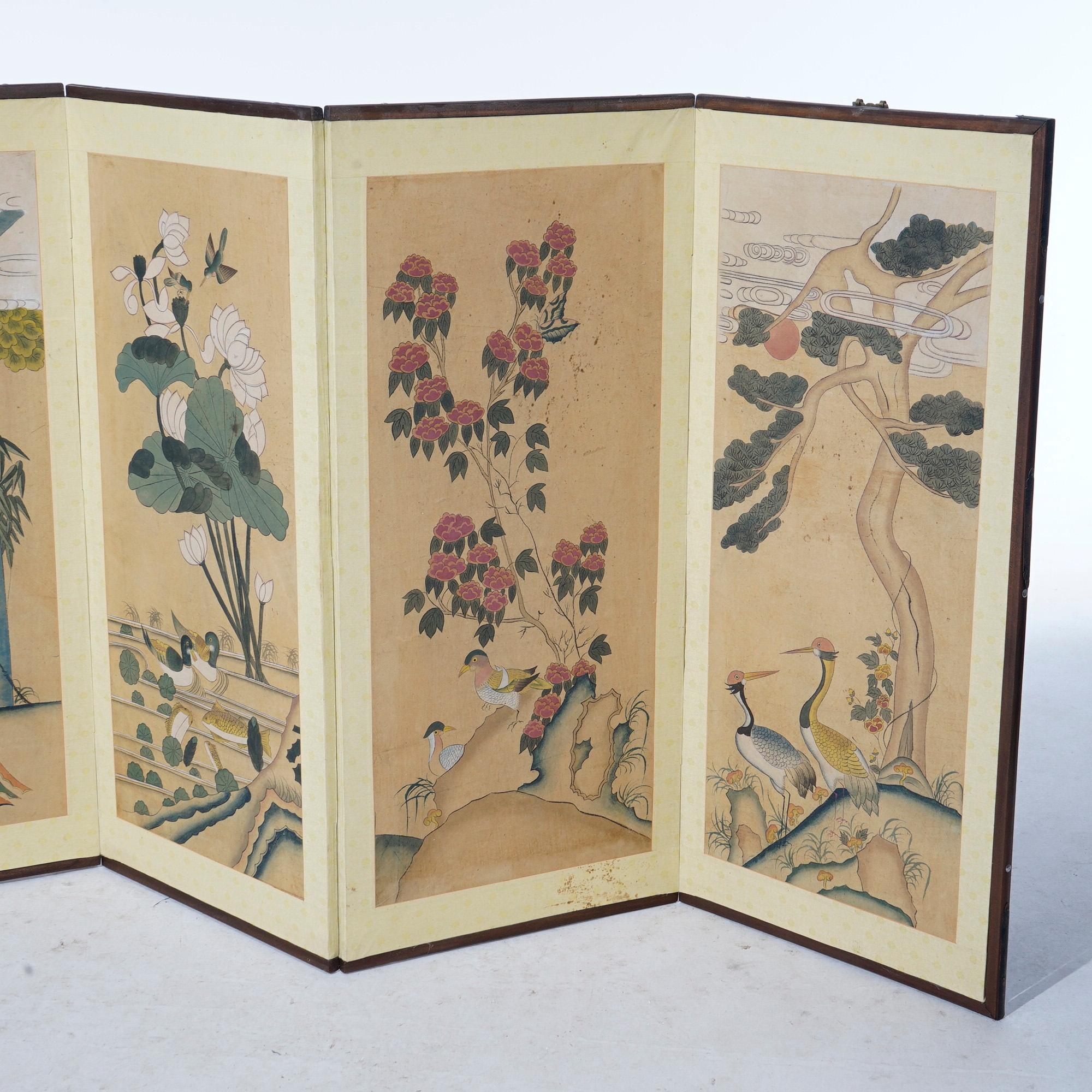 20th Century Chinoiserie Decorated Four Panel Paper Over Wood Table Top Screen, 20th C