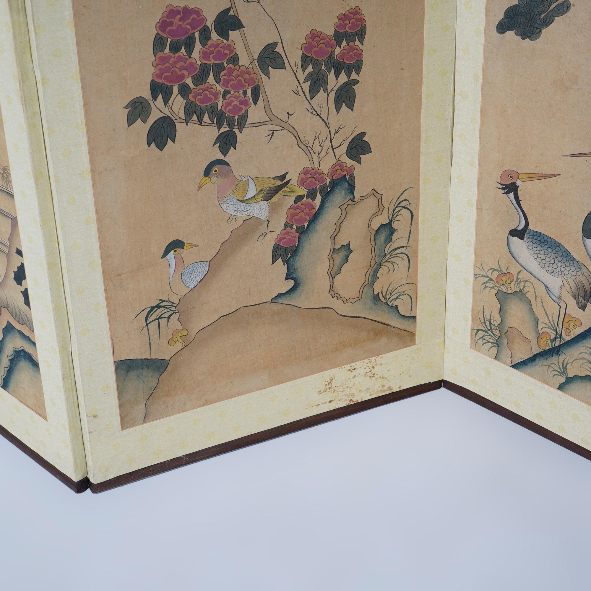 Chinoiserie Decorated Four Panel Paper Over Wood Table Top Screen, 20th C 1