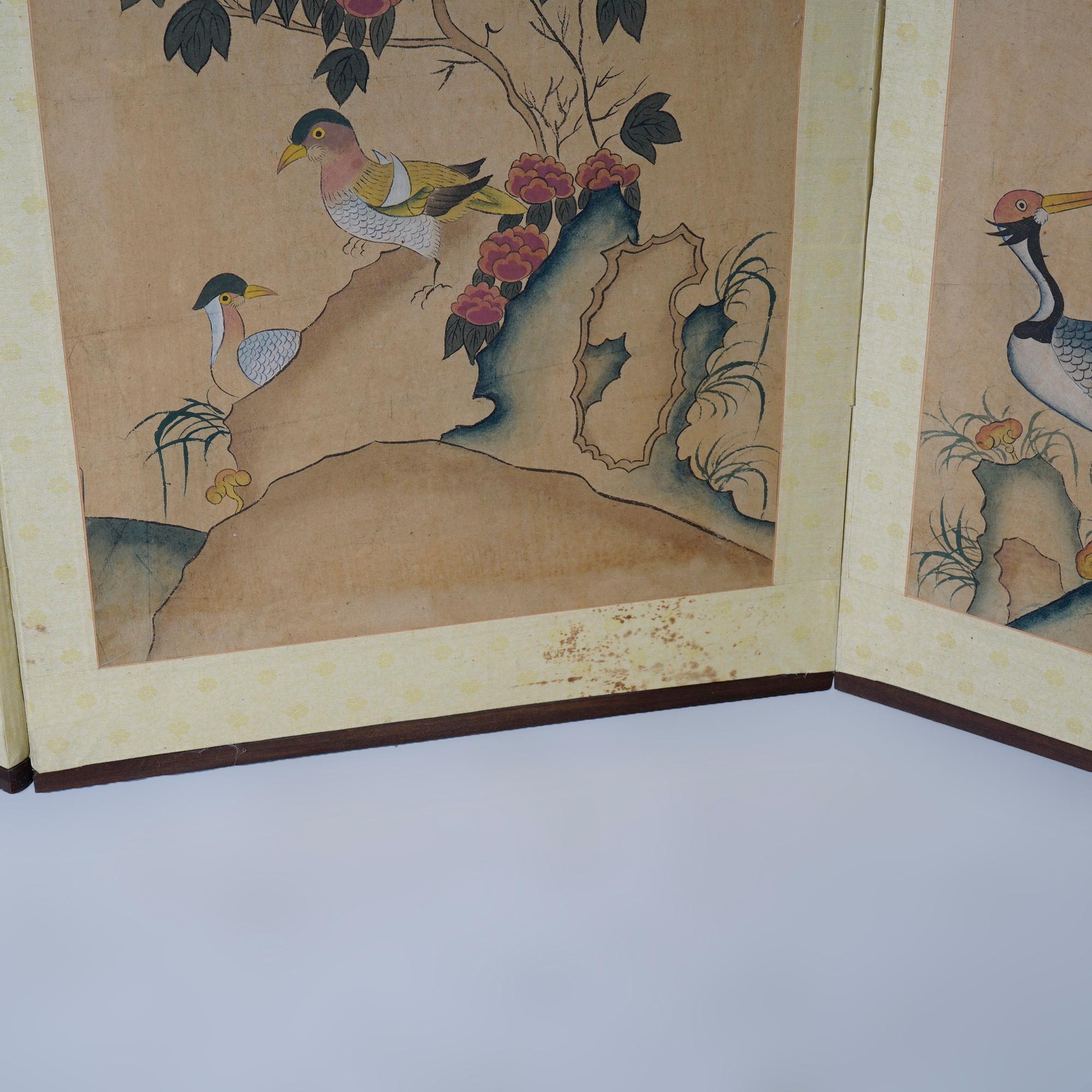 Chinoiserie Decorated Four Panel Paper Over Wood Table Top Screen, 20th C 2