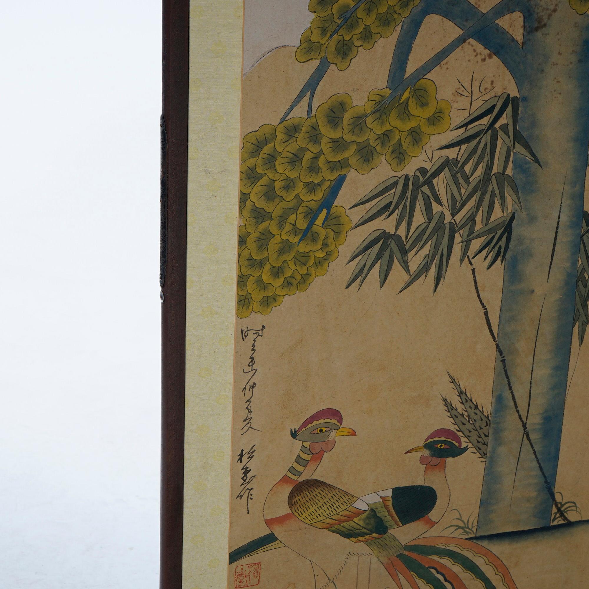 Chinoiserie Decorated Four Panel Paper Over Wood Table Top Screen, 20th C 3
