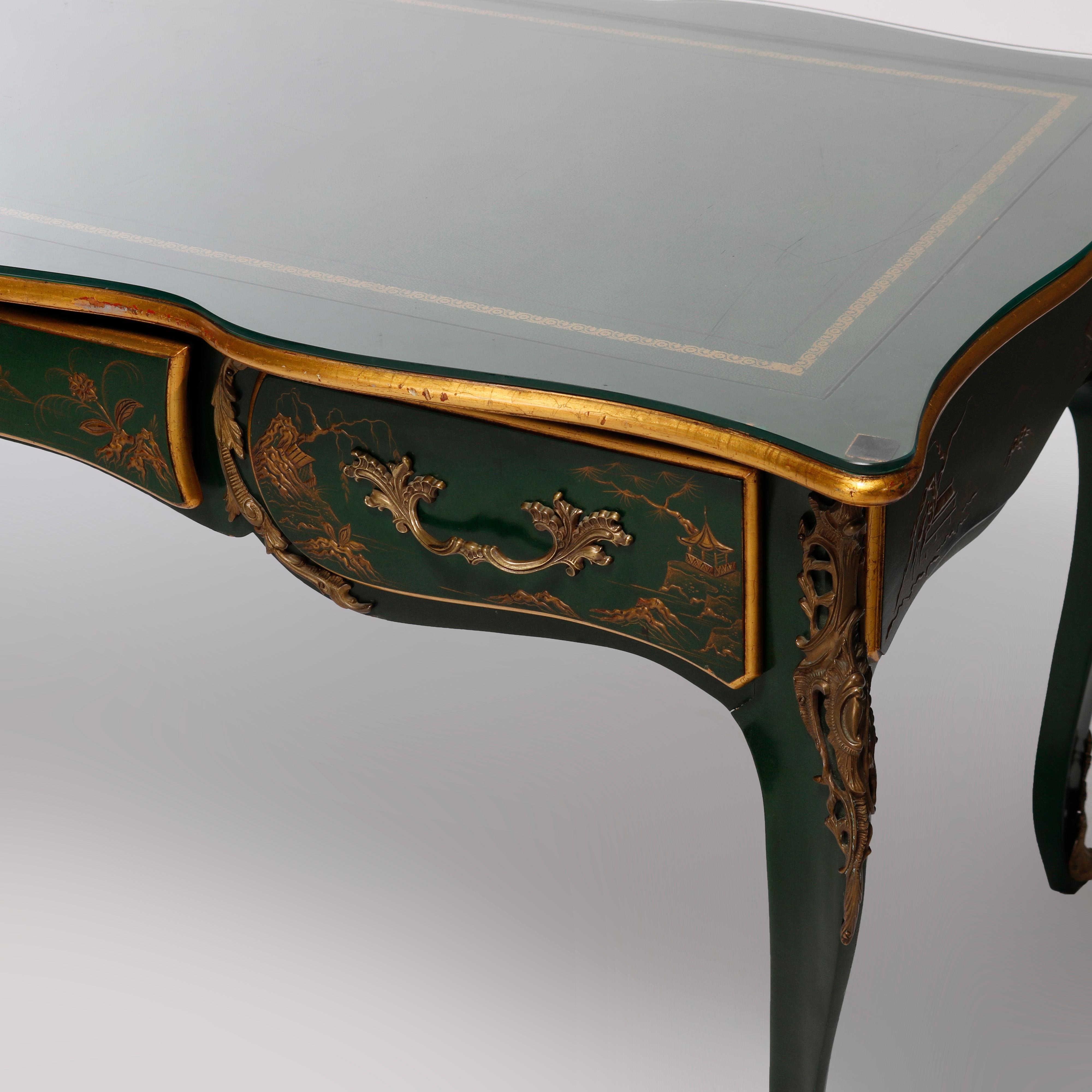 Louis XV Chinoiserie Decorated, Gilt & Ormolu Karges Leather Top Bureau Plat Desk, 20th C