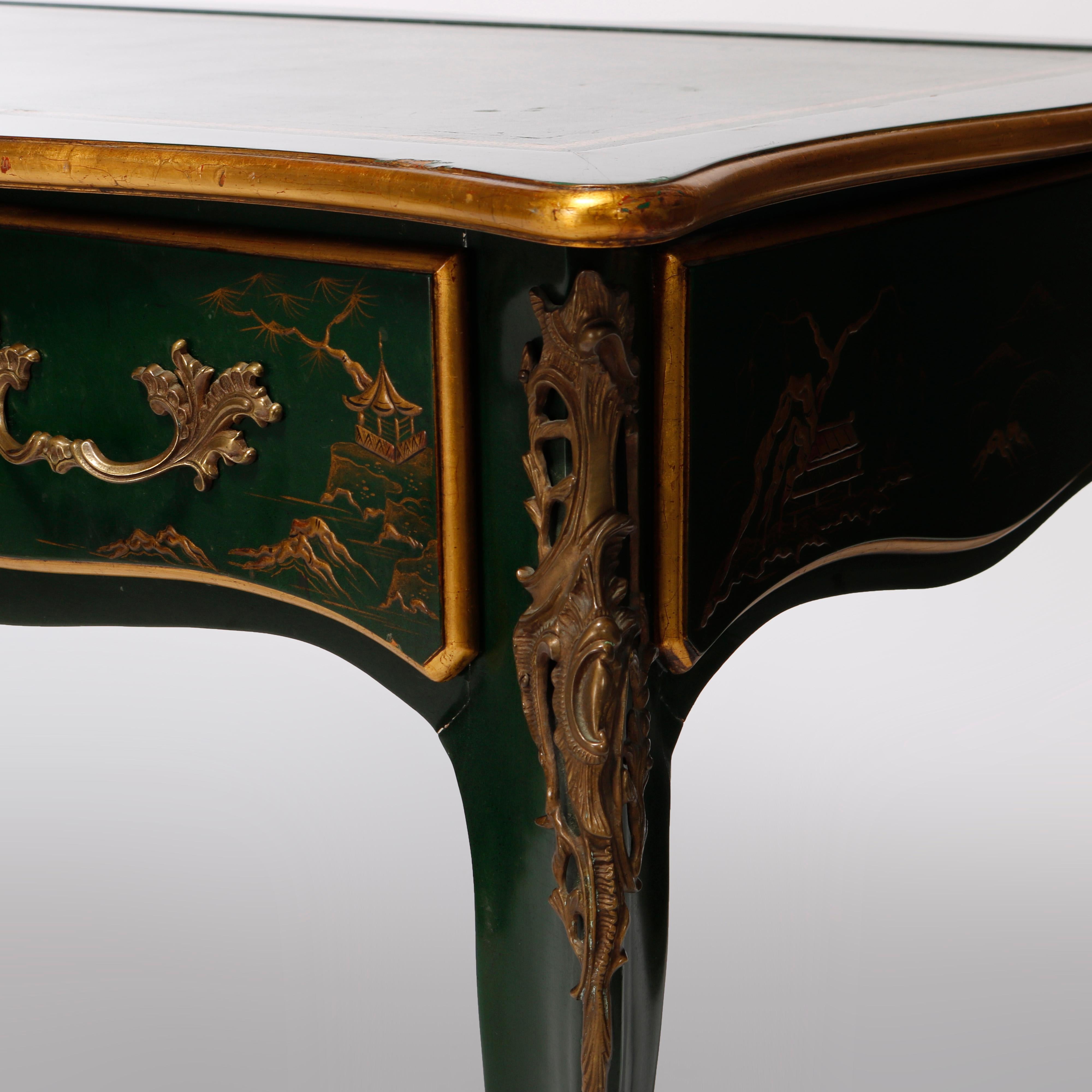 Chinoiserie Decorated, Gilt & Ormolu Karges Leather Top Bureau Plat Desk, 20th C In Good Condition In Big Flats, NY