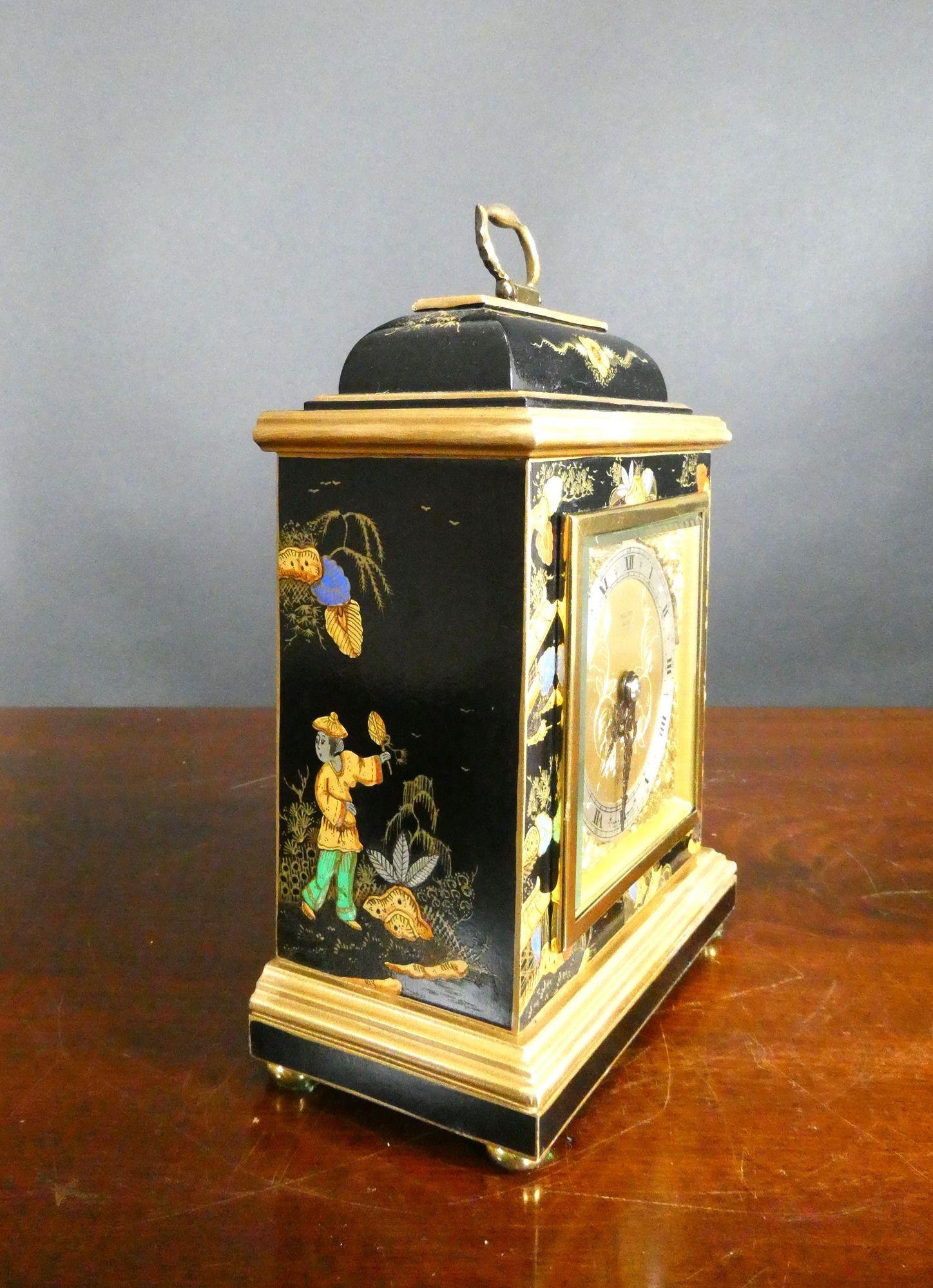 English Chinoiserie Decorated Mantel Clock by Elliott For Sale