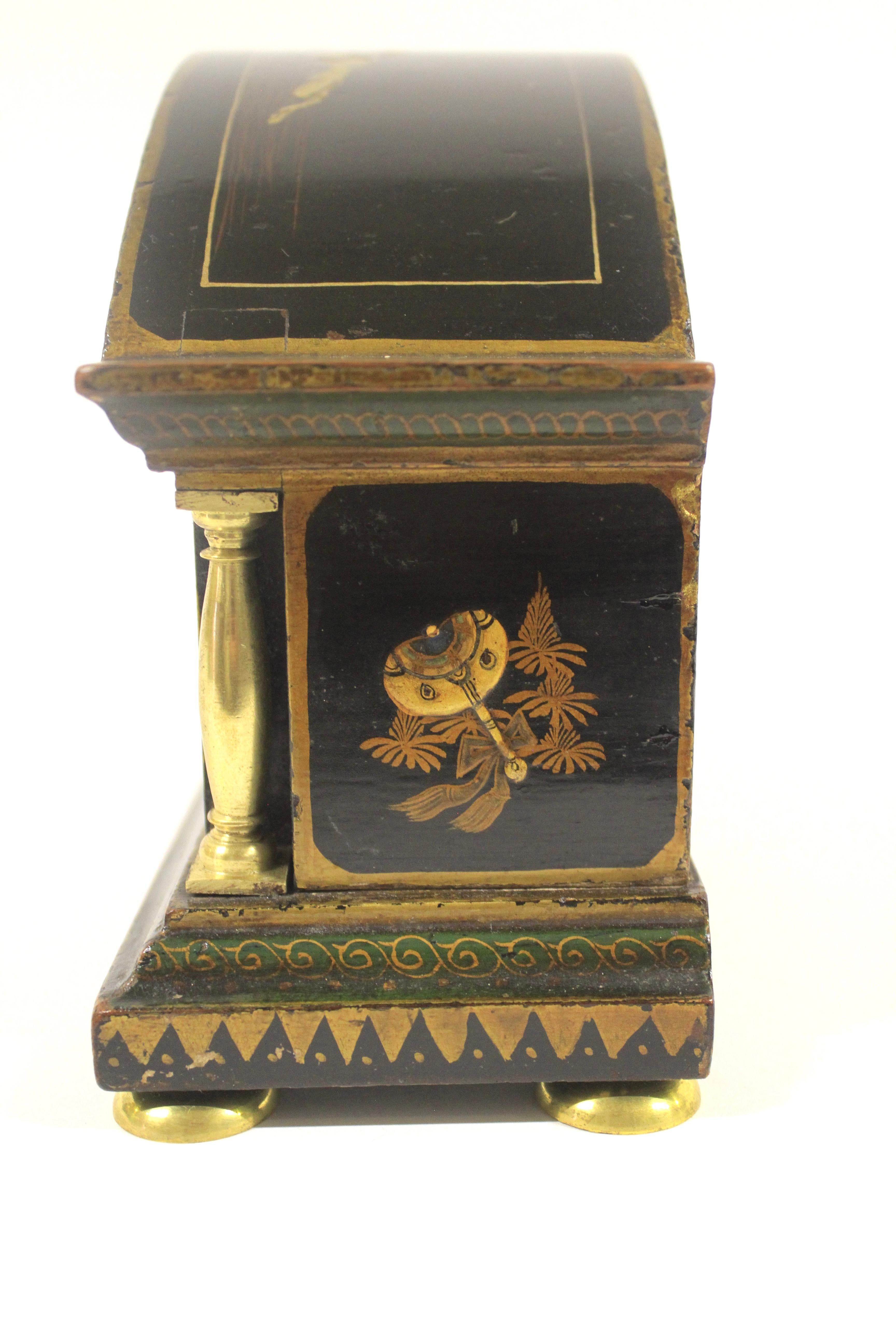 Lacquered Chinoiserie Decorated Mantel Clock circa 1920s For Sale