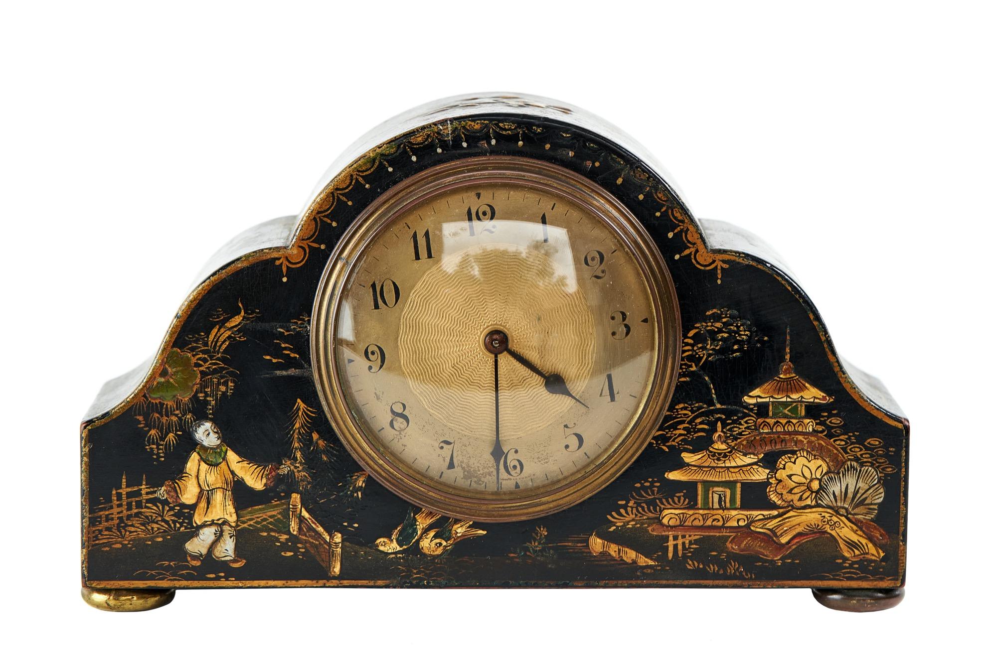 Lacquer Chinoiserie Decorated Mantel Clock, circa 1920s