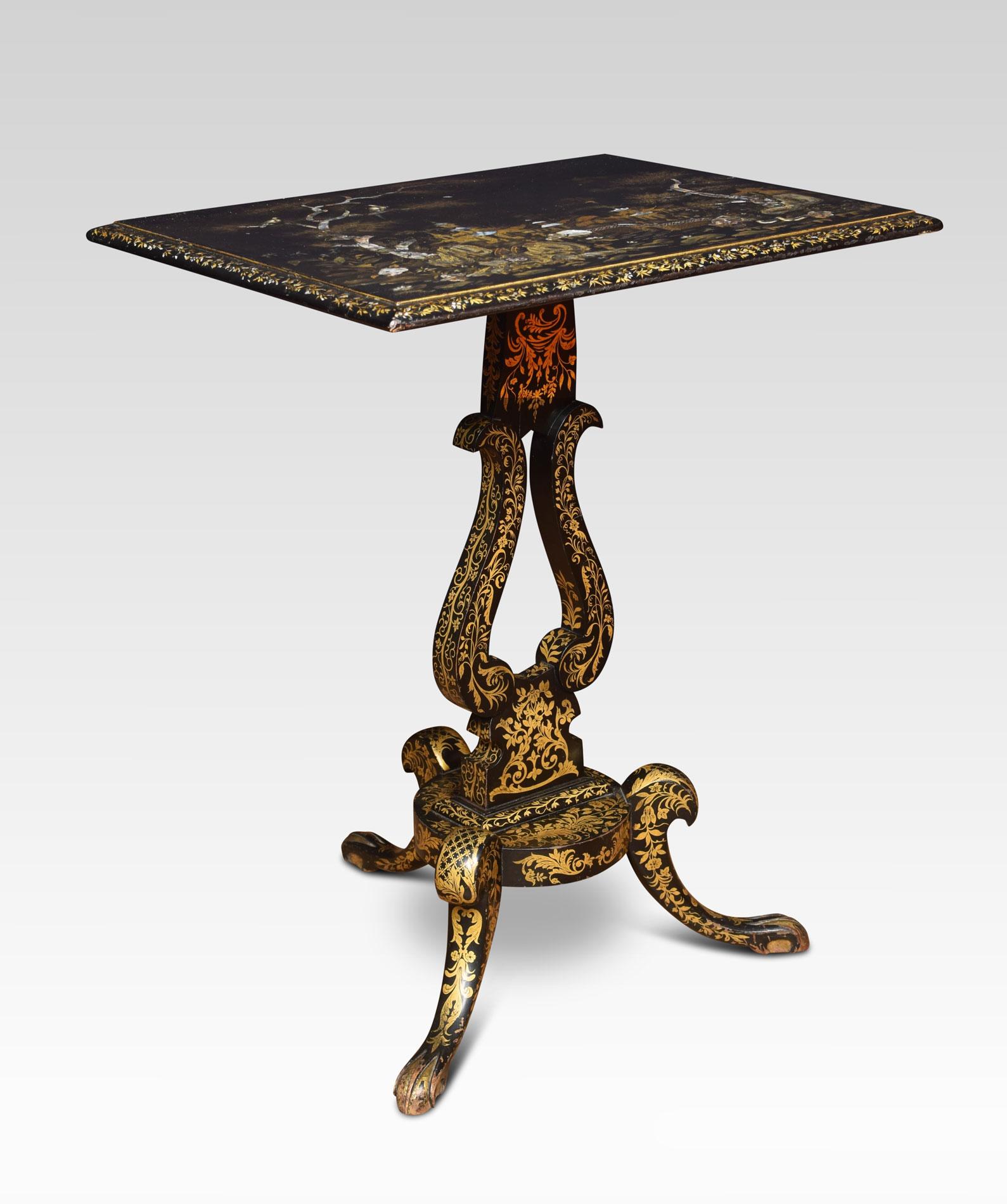 Victorian chinoiserie decorated occasional table, the rectangular tilt top having gilt landscape inlaid with mother of pearl. Raised up on lyre support terminating in three slender cabriole legs.
Dimensions
Height 29.5 inches
Length 24