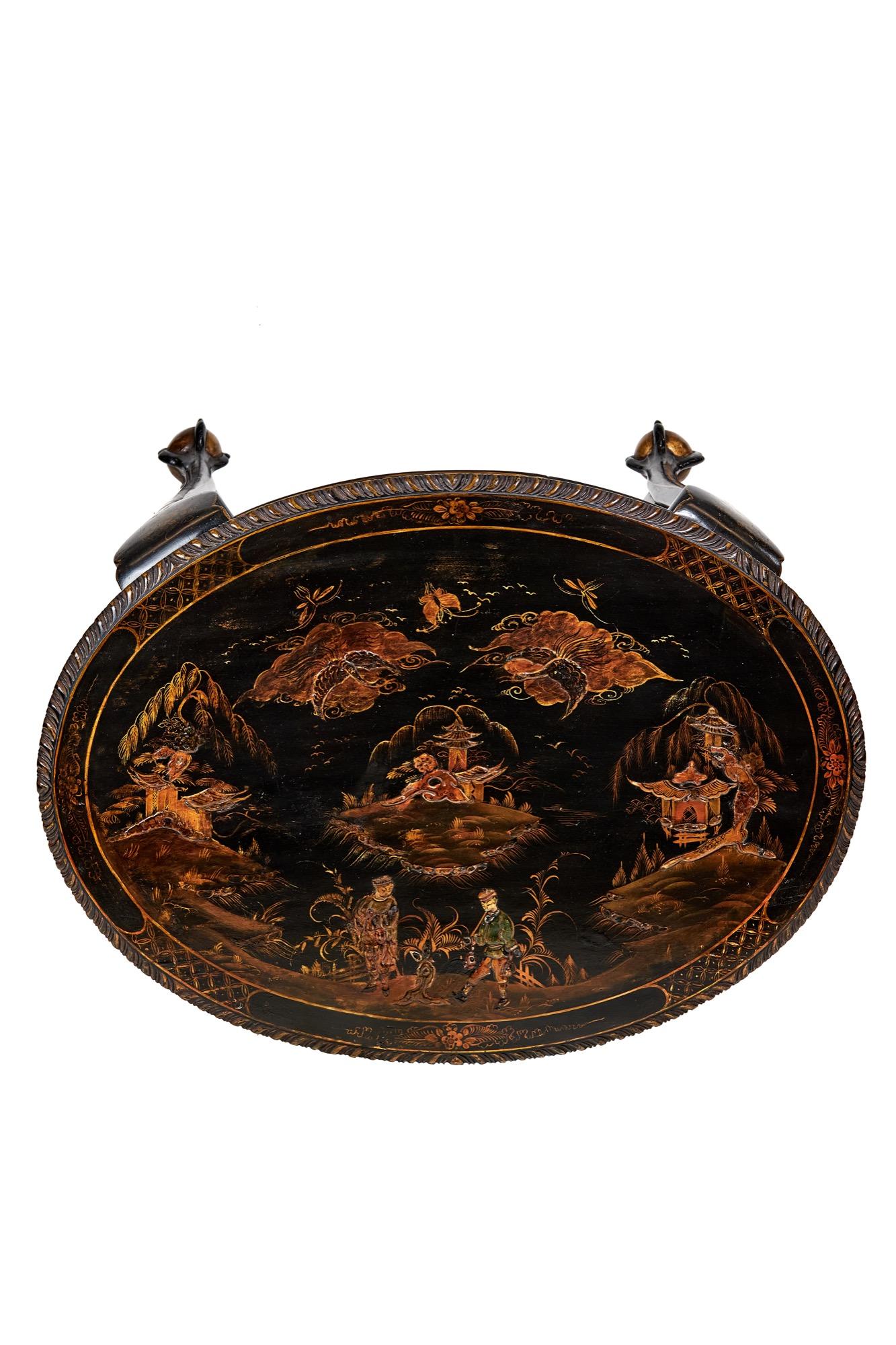 Lacquered chinoiserie Decorated Oval 2 Tier Table, circa 1900 For Sale