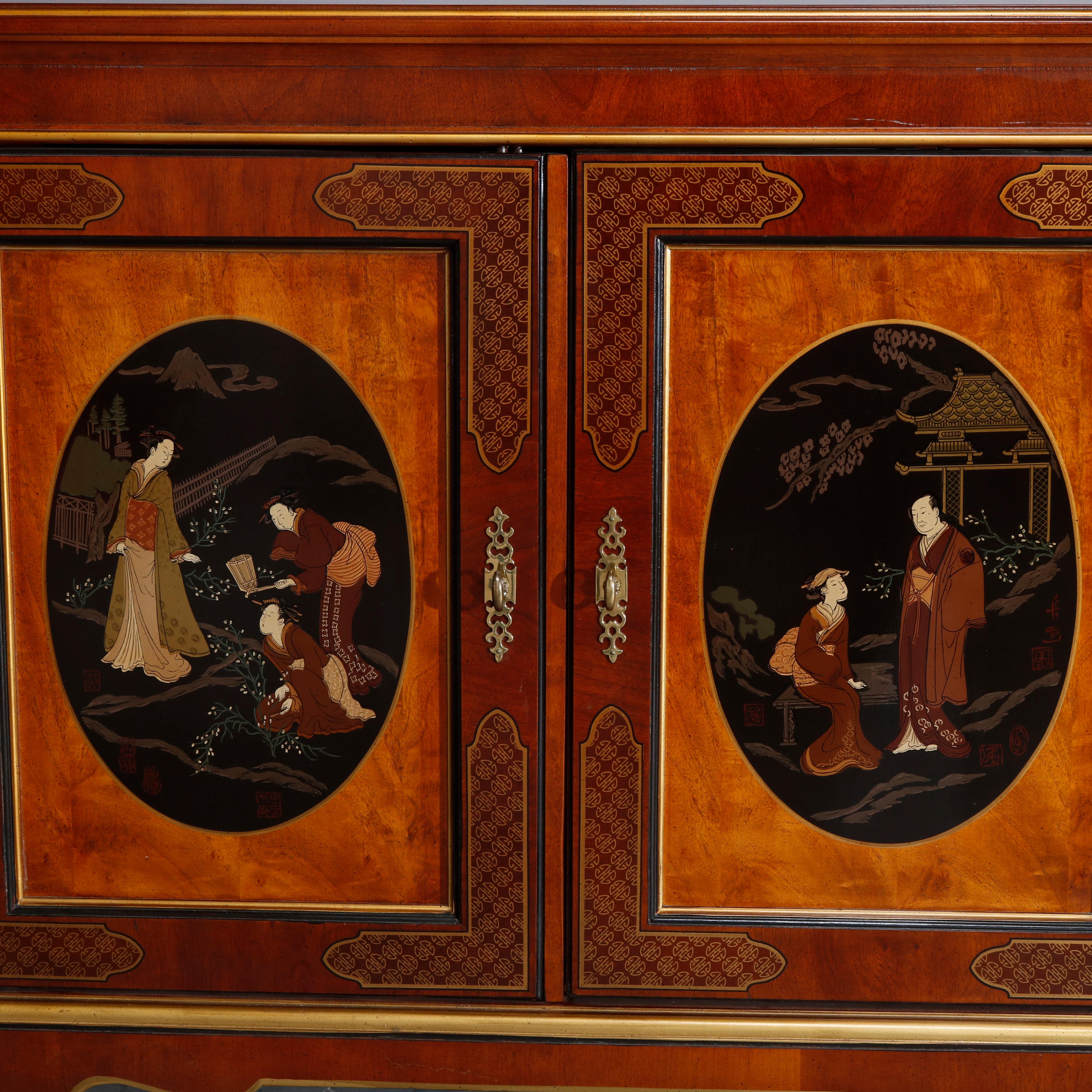 A chinoiserie decorated credenza by Drexel offers mahogany construction with double door case having burl panels with reserves of hand painted figures in countryside setting ebonized ground, interior with shelving and drawer, gilt highlights