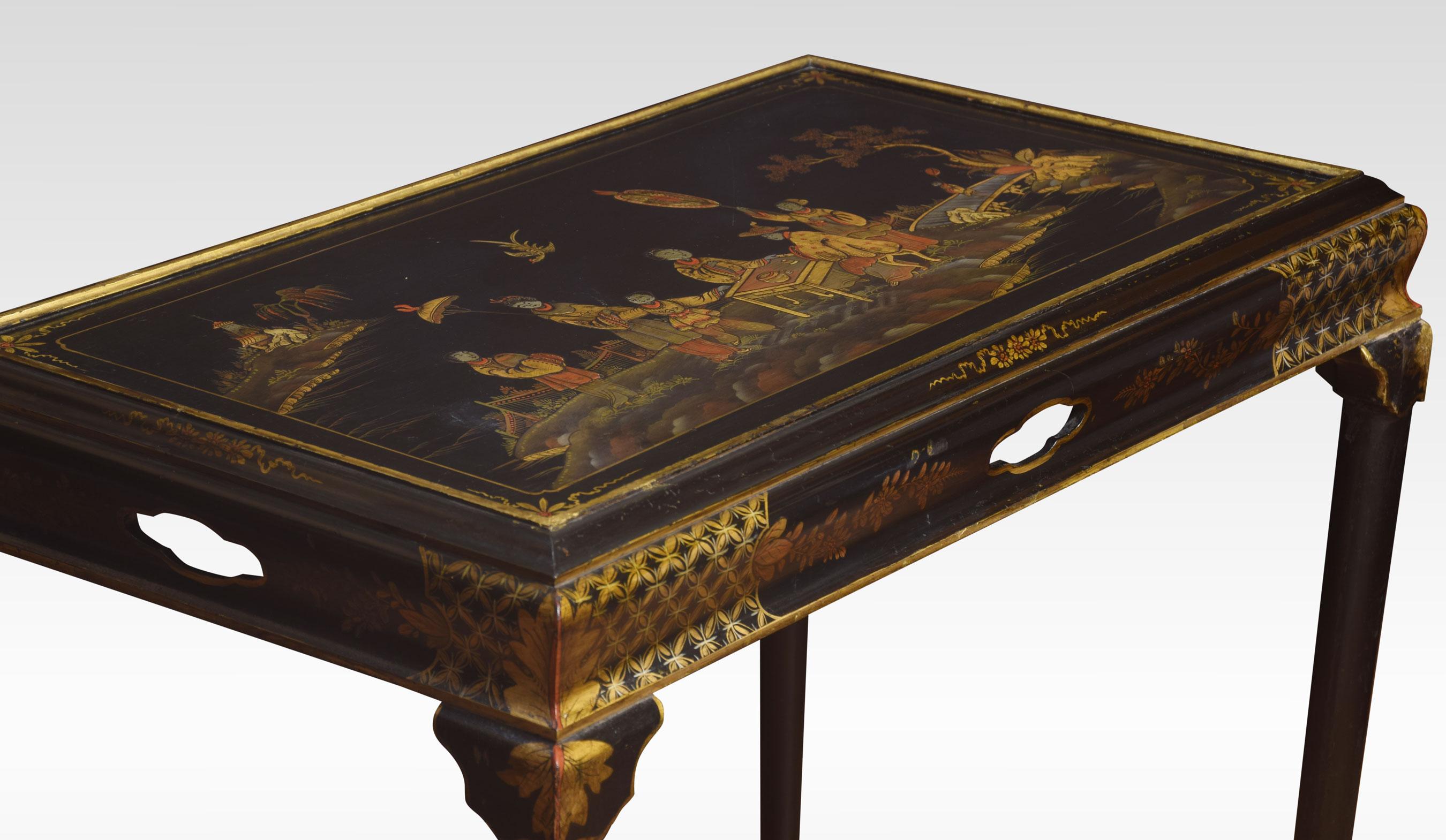 Chinoiserie decorated table the rectangular top with overall gilt decoration depicting figures and landscape. Raised up on four cabriole legs terminating in pad feet.
Dimensions:
Height 30 inches
Width 36 inches
Depth 20.5 inches.