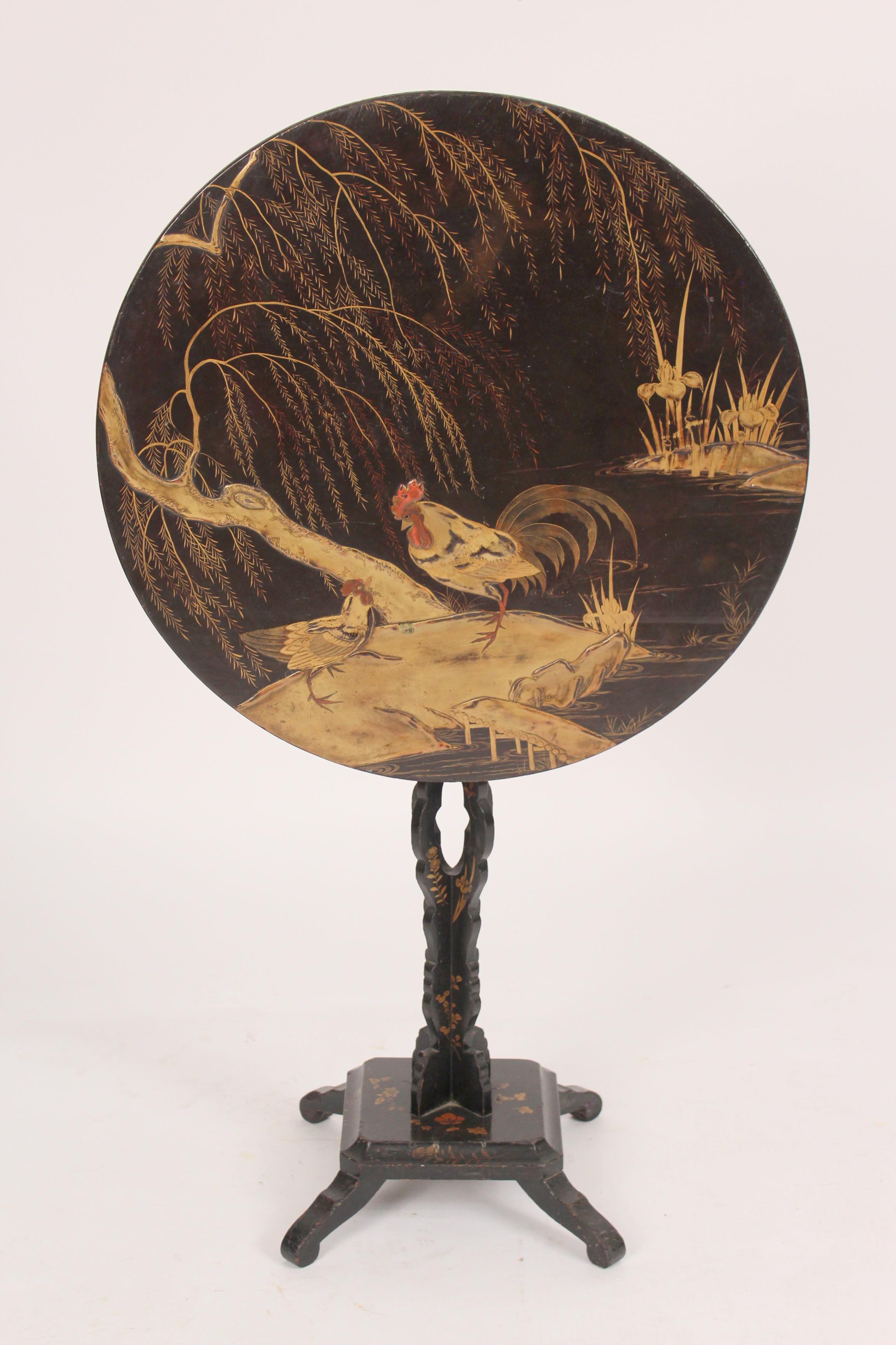 Chinese export chinoiserie decorated tilt top table, with chickens, circa 1890-1910. With excellent quality raised chinoiserie decoration.