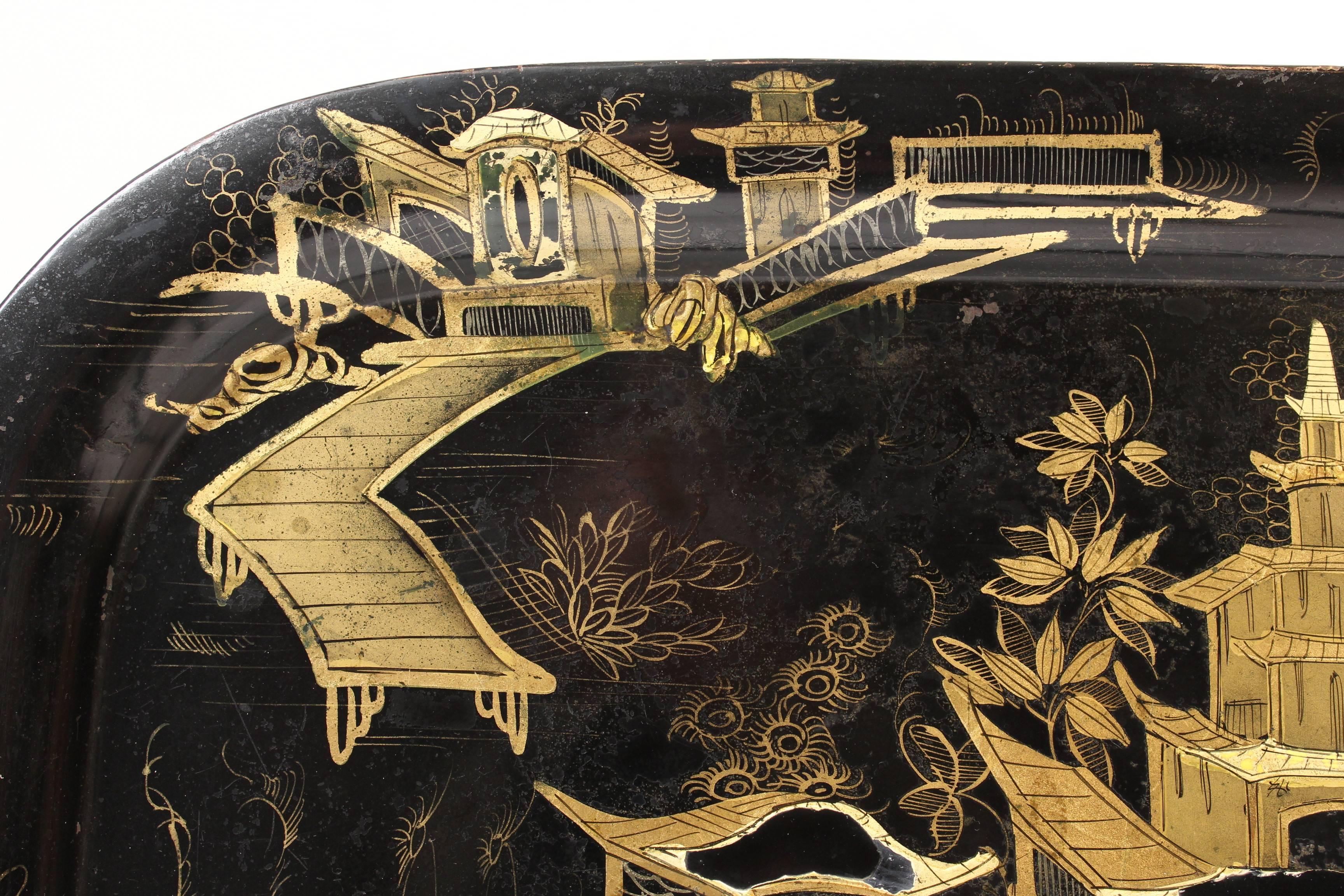 Chinoiserie Decorated Tole Tray Table on a Regency Style Bamboo Turned Stand In Fair Condition In Laguna Beach, CA