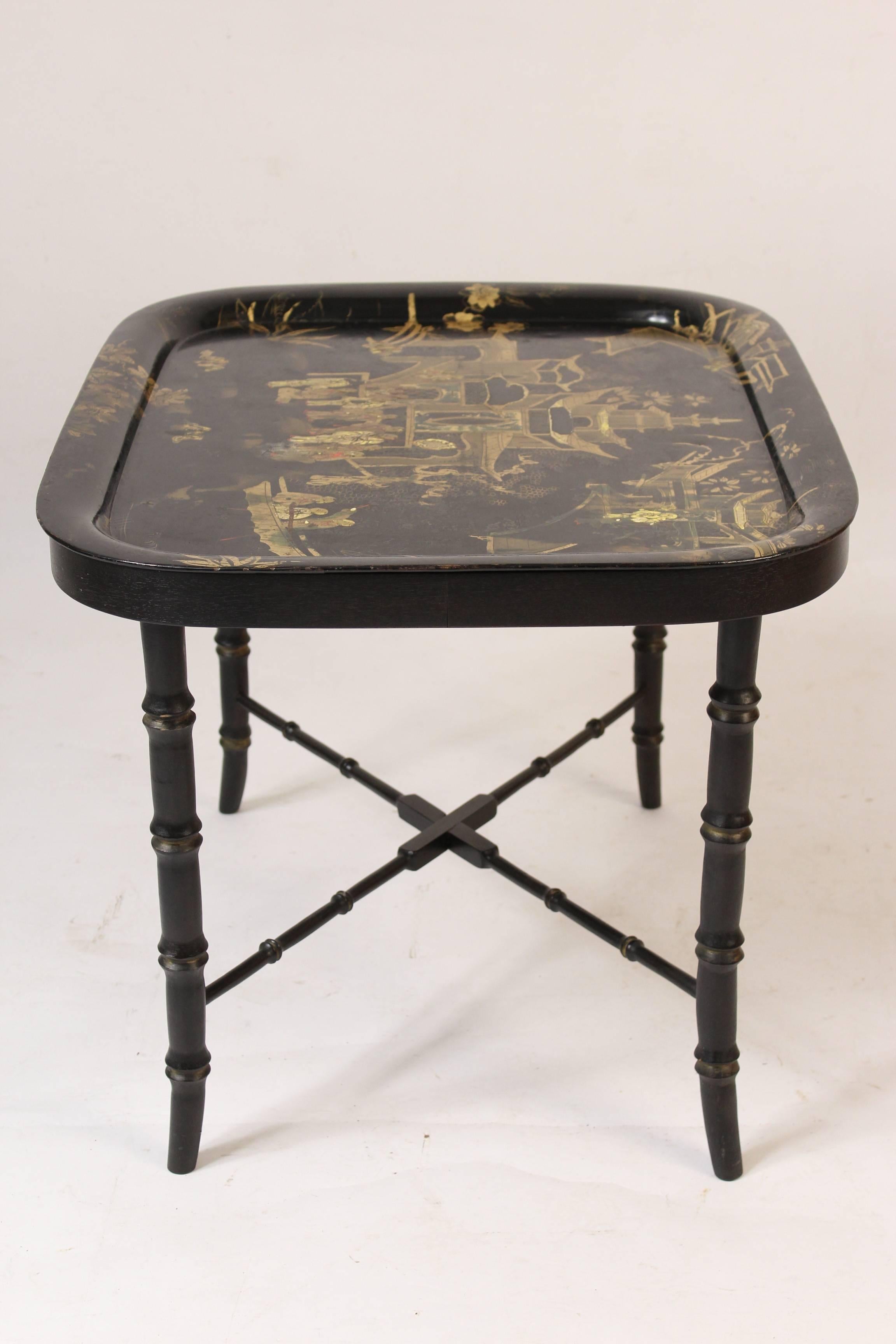 Chinoiserie Decorated Tole Tray Table on a Regency Style Bamboo Turned Stand 1