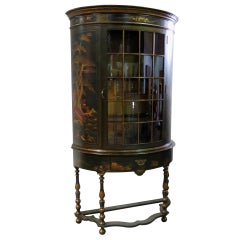 Green Chinoiserie Paint Decorated English Demilune China Cabinet  or Vitrine