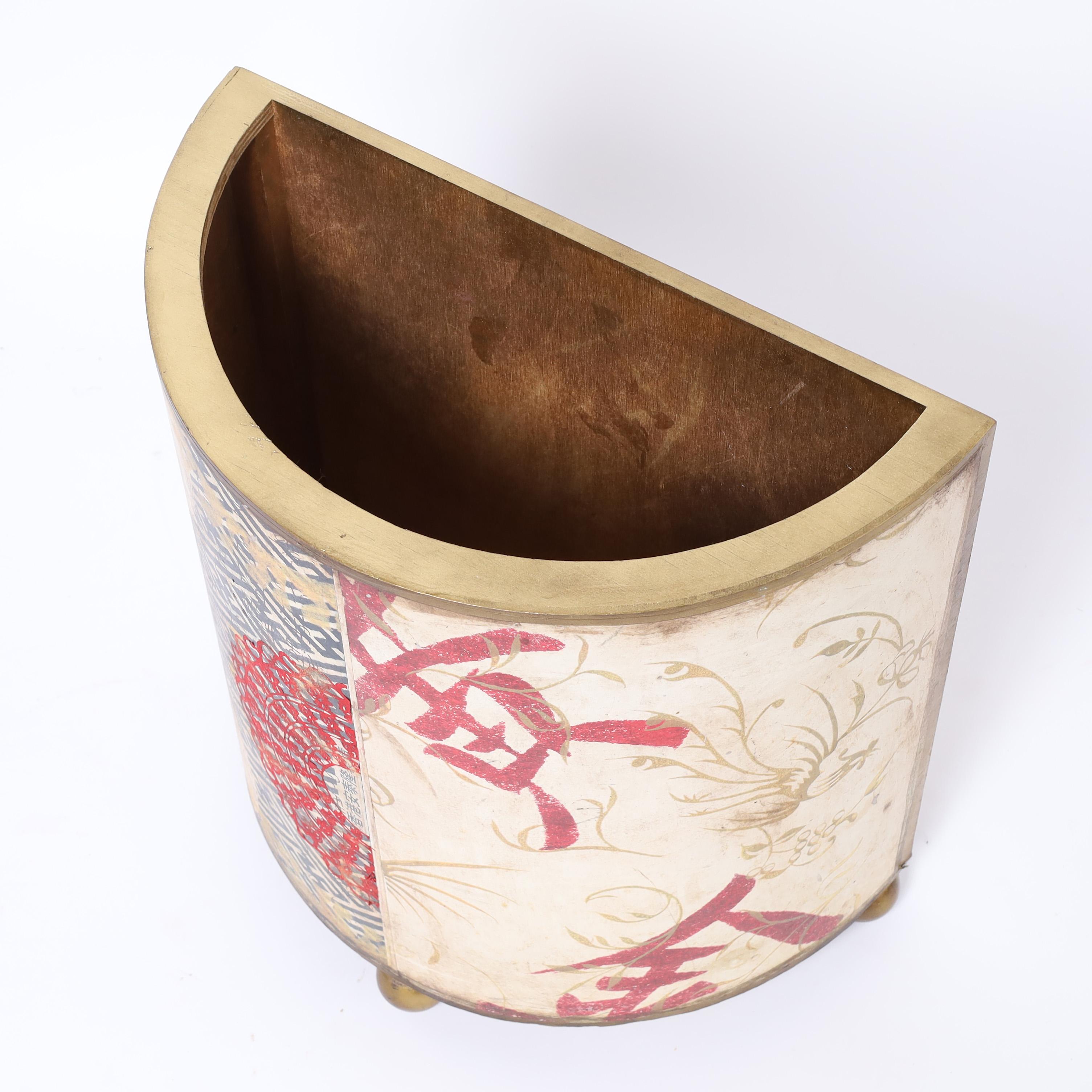 Hand-Crafted Chinoiserie Demilune Trash Can or Container For Sale