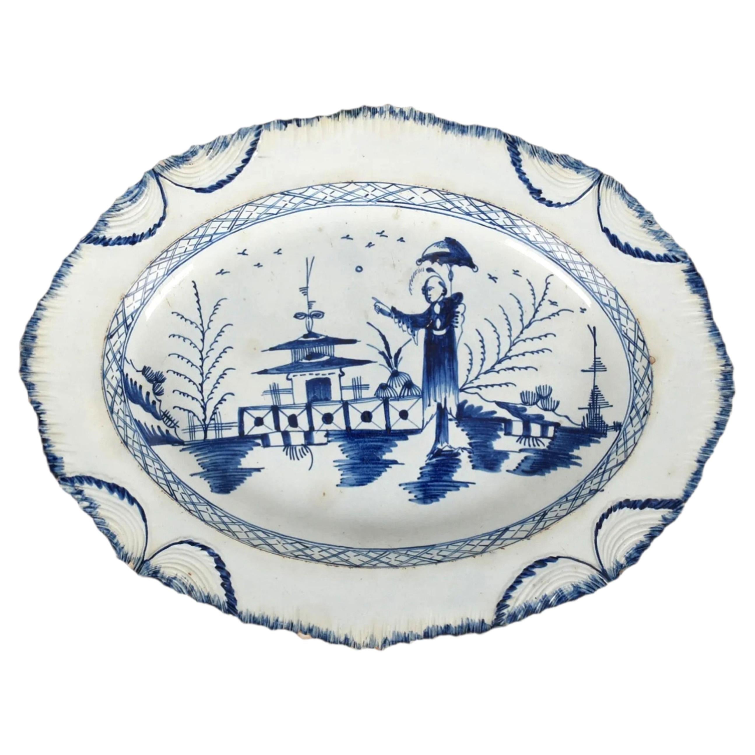 Chinoiserie Design Pearlware Oval Dish, Leeds Pottery, Circa 1790 For Sale