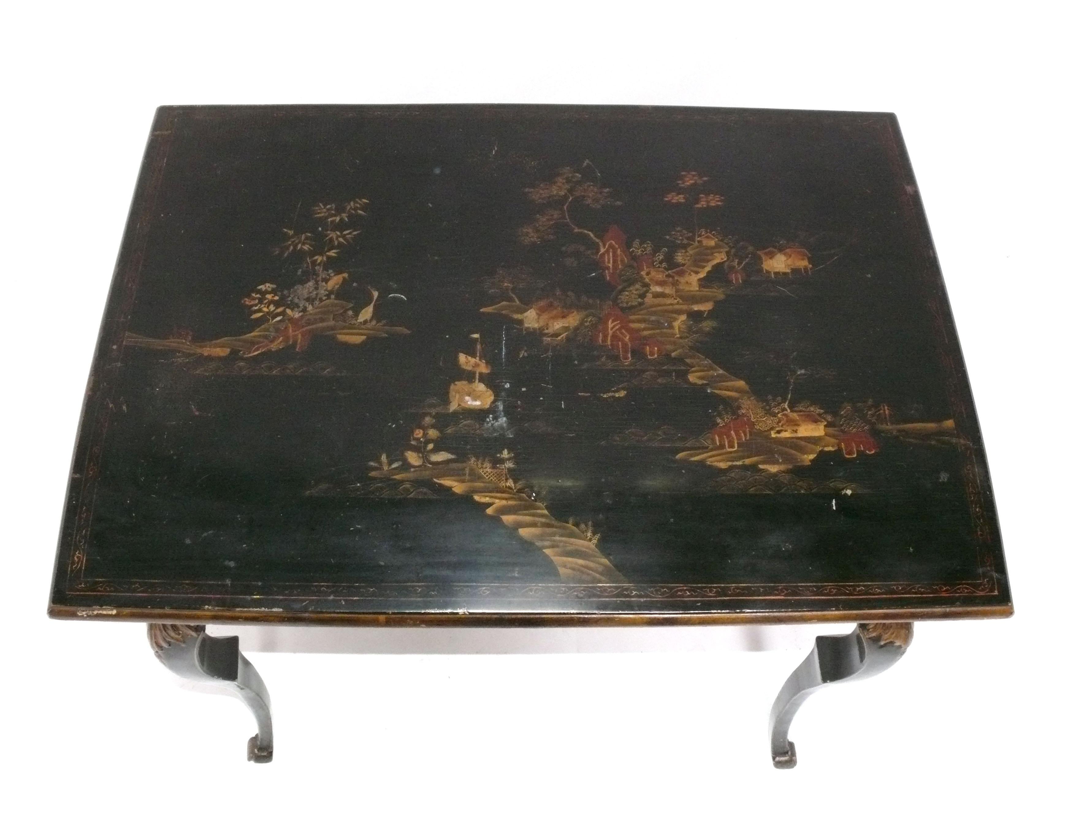 Lacquered Chinoiserie Desk and Chair French 19th Century Hand Painted Details For Sale