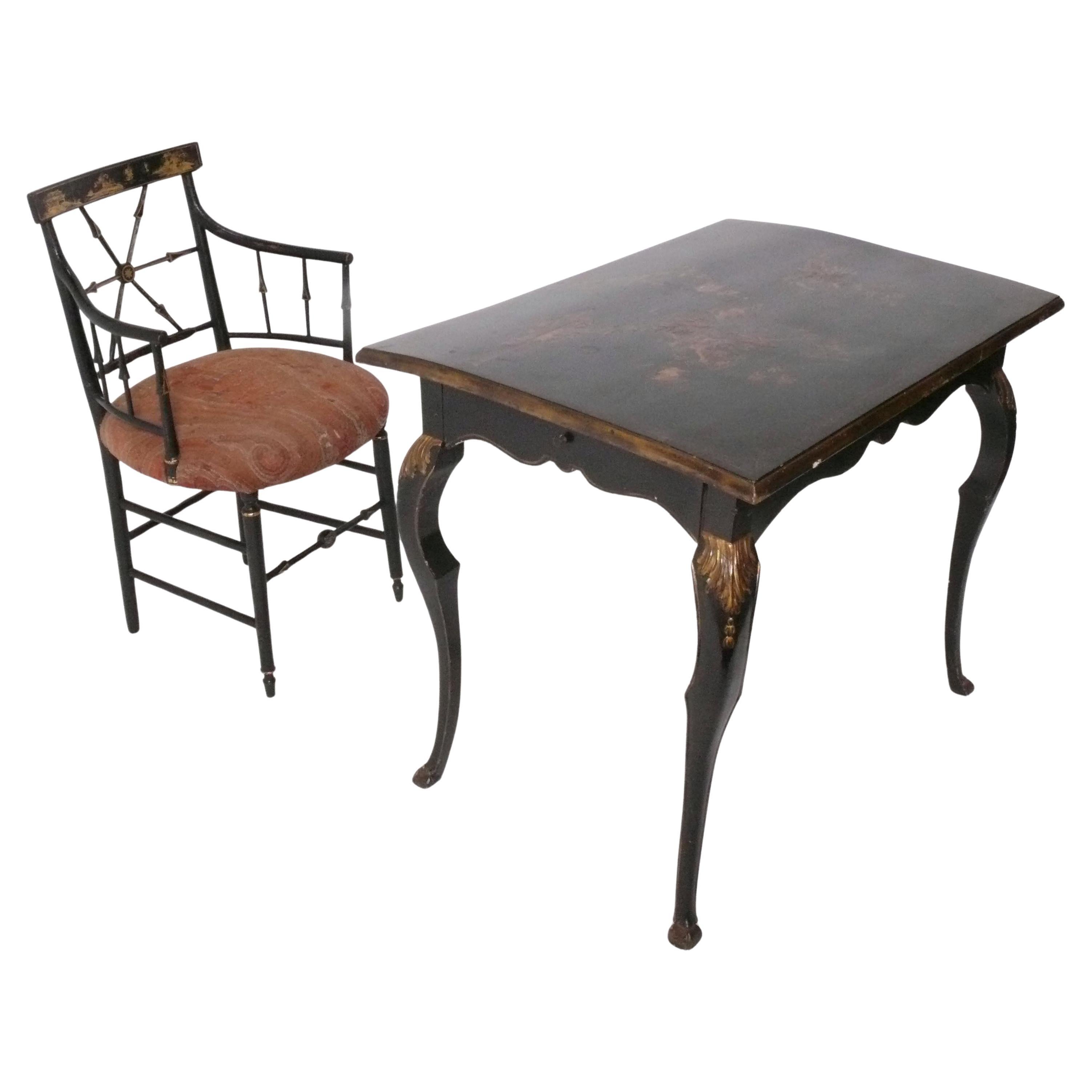 Chinoiserie Desk and Chair French 19th Century Hand Painted Details For Sale