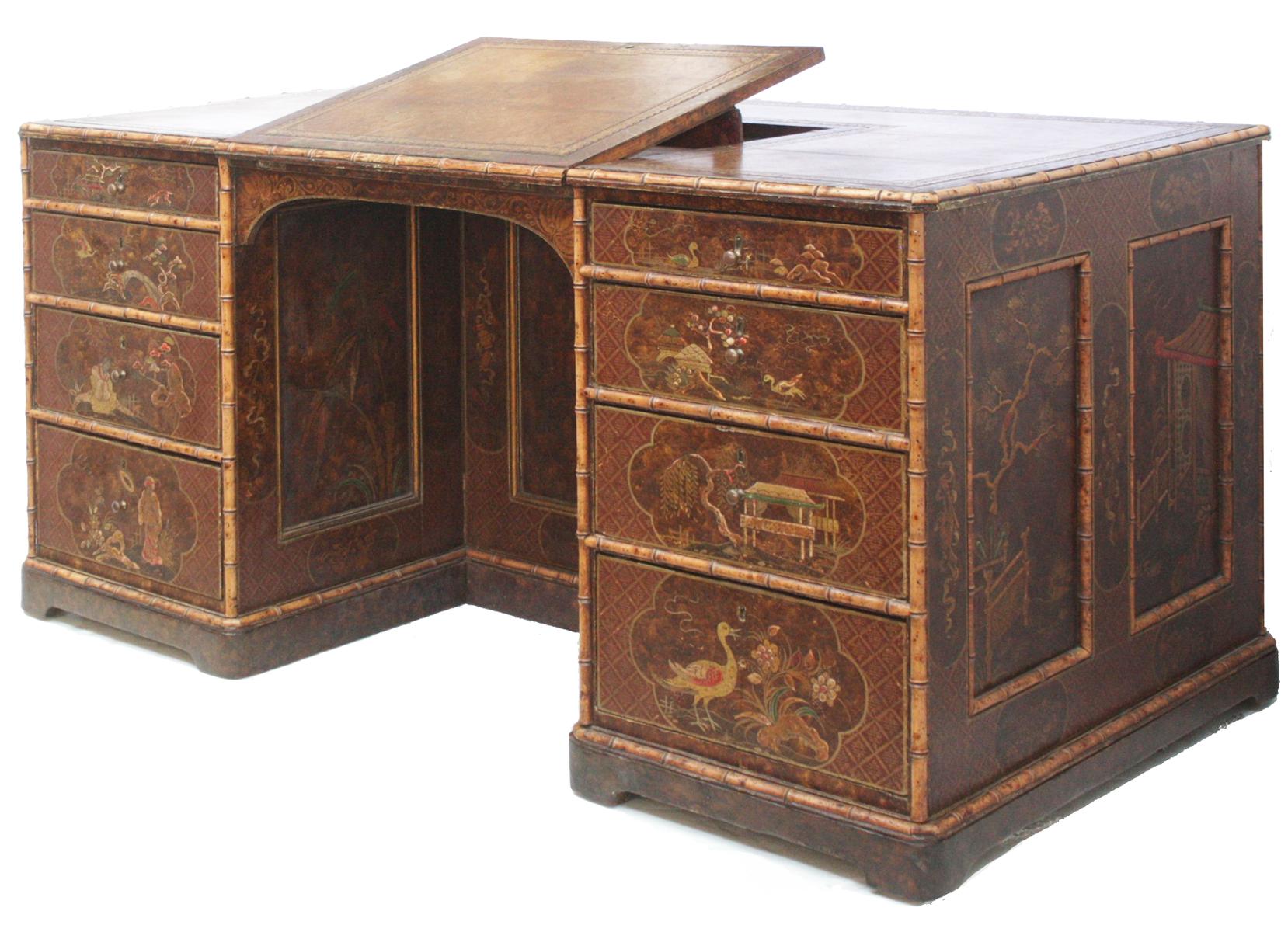 19th Century Chinoiserie Desk  / English Library Table with Faux Bamboo Trim For Sale
