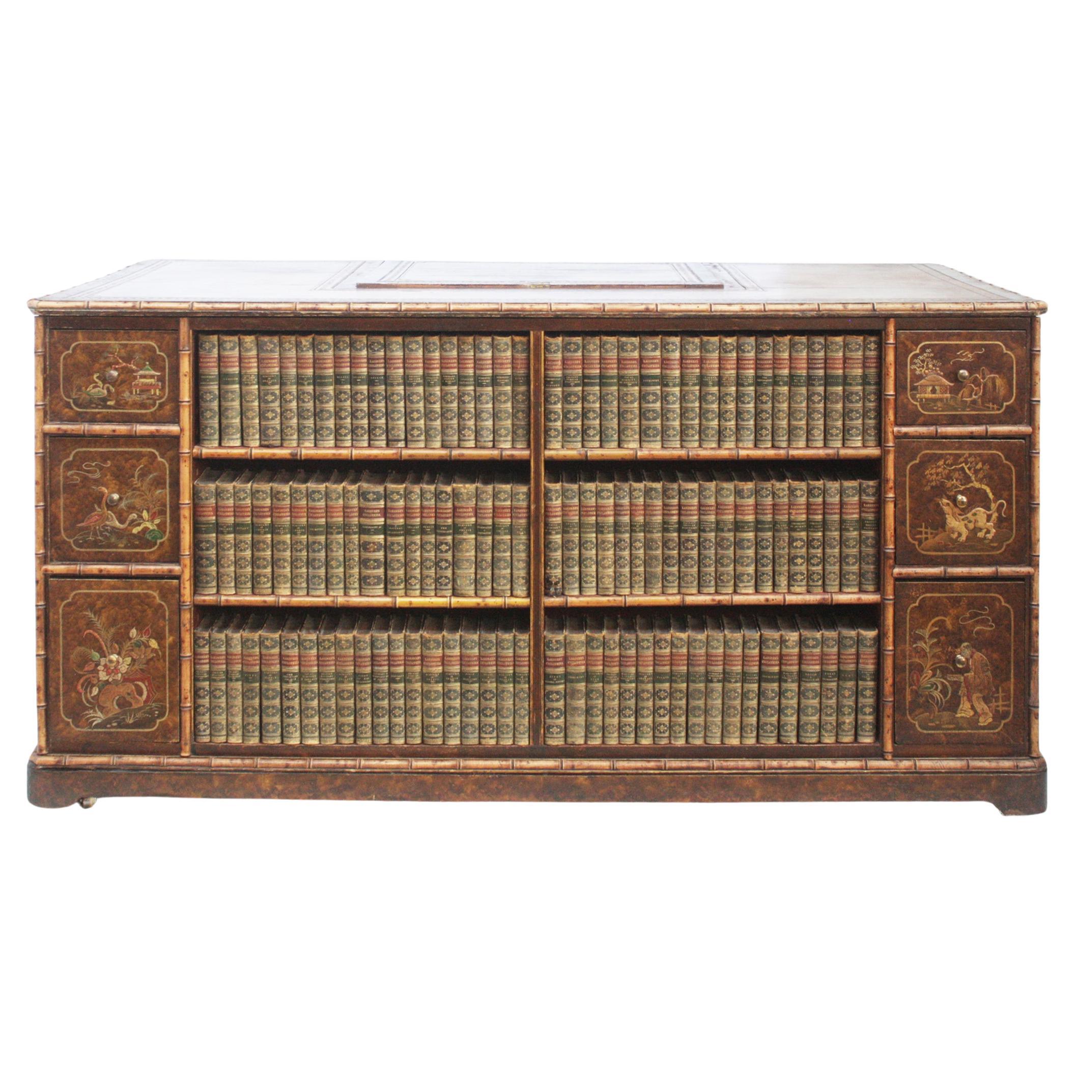 Chinoiserie Desk  / English Library Table with Faux Bamboo Trim For Sale