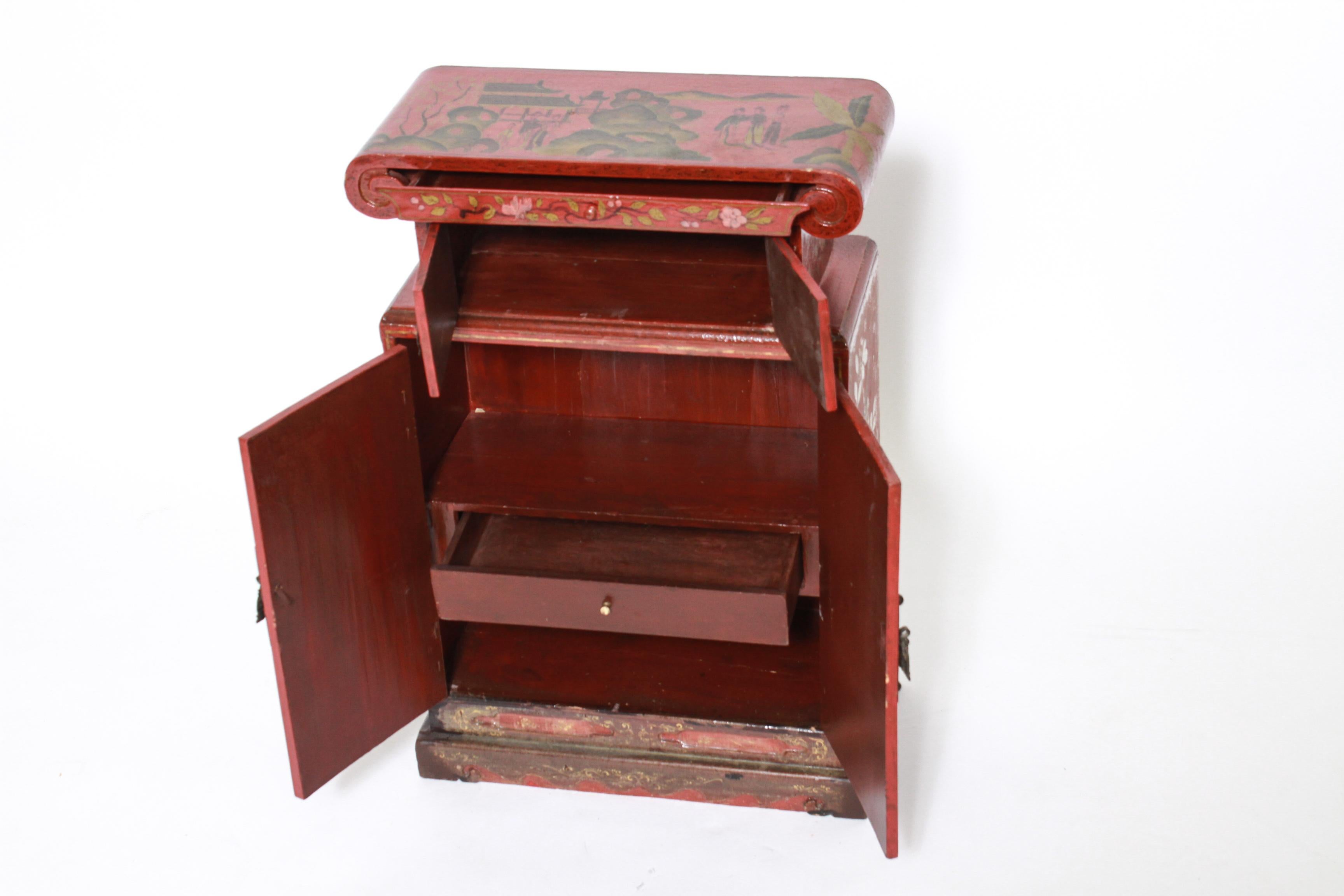 Chinese Chinoiserie Diminutive Cabinet with Painted Scenes