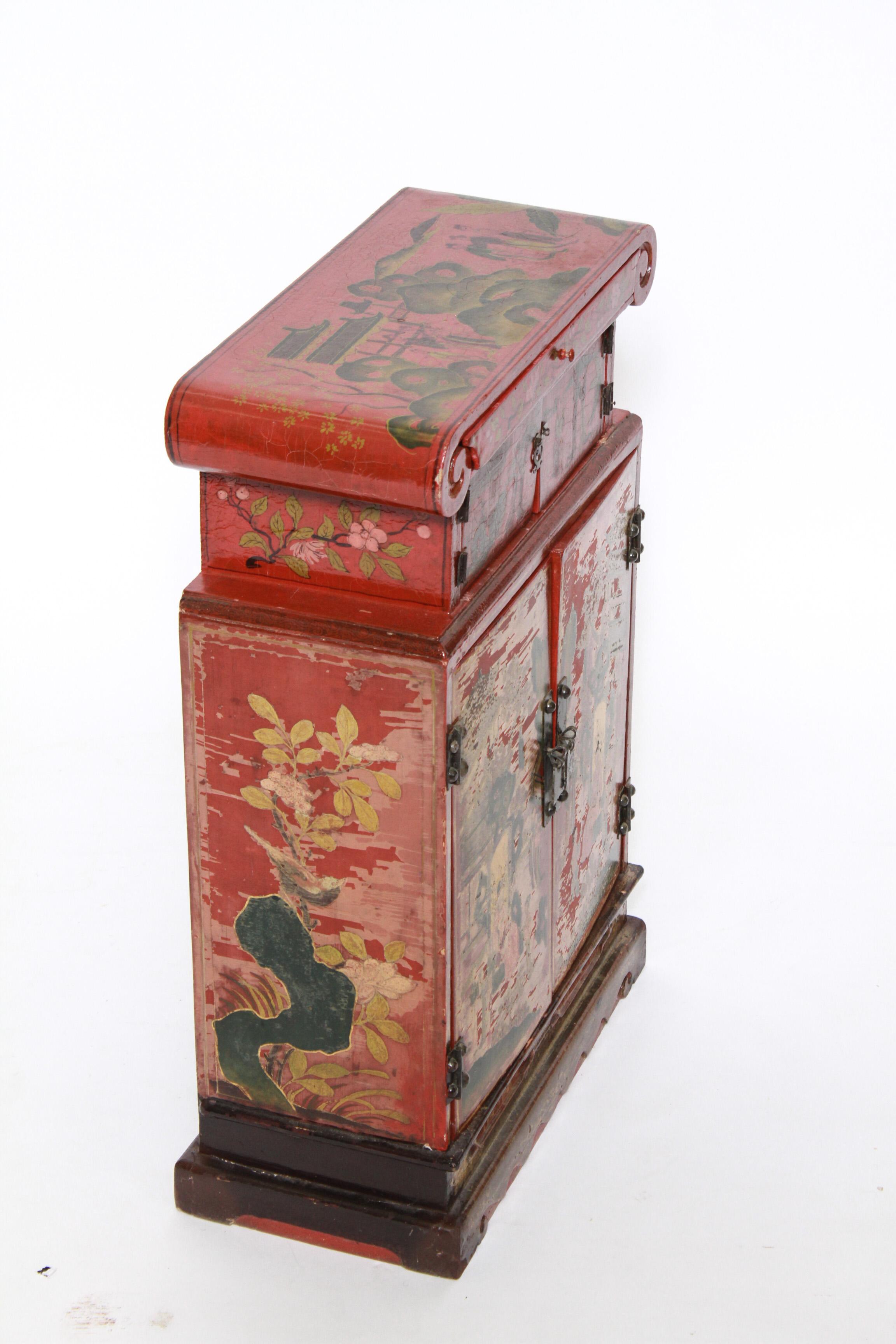 Hand-Painted Chinoiserie Diminutive Cabinet with Painted Scenes